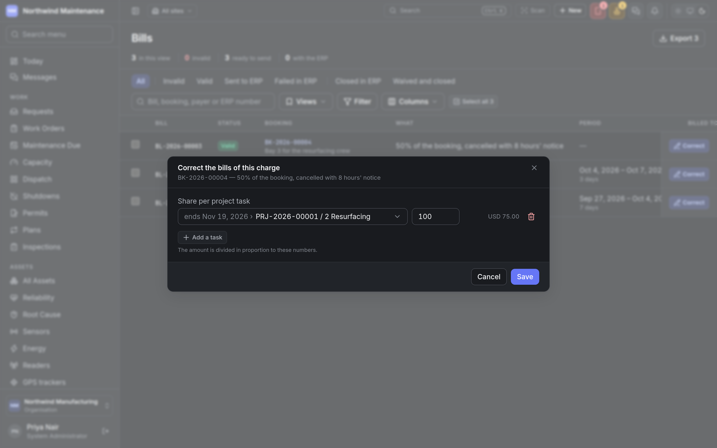 The Correct the bills of this charge dialog, with the share per project task