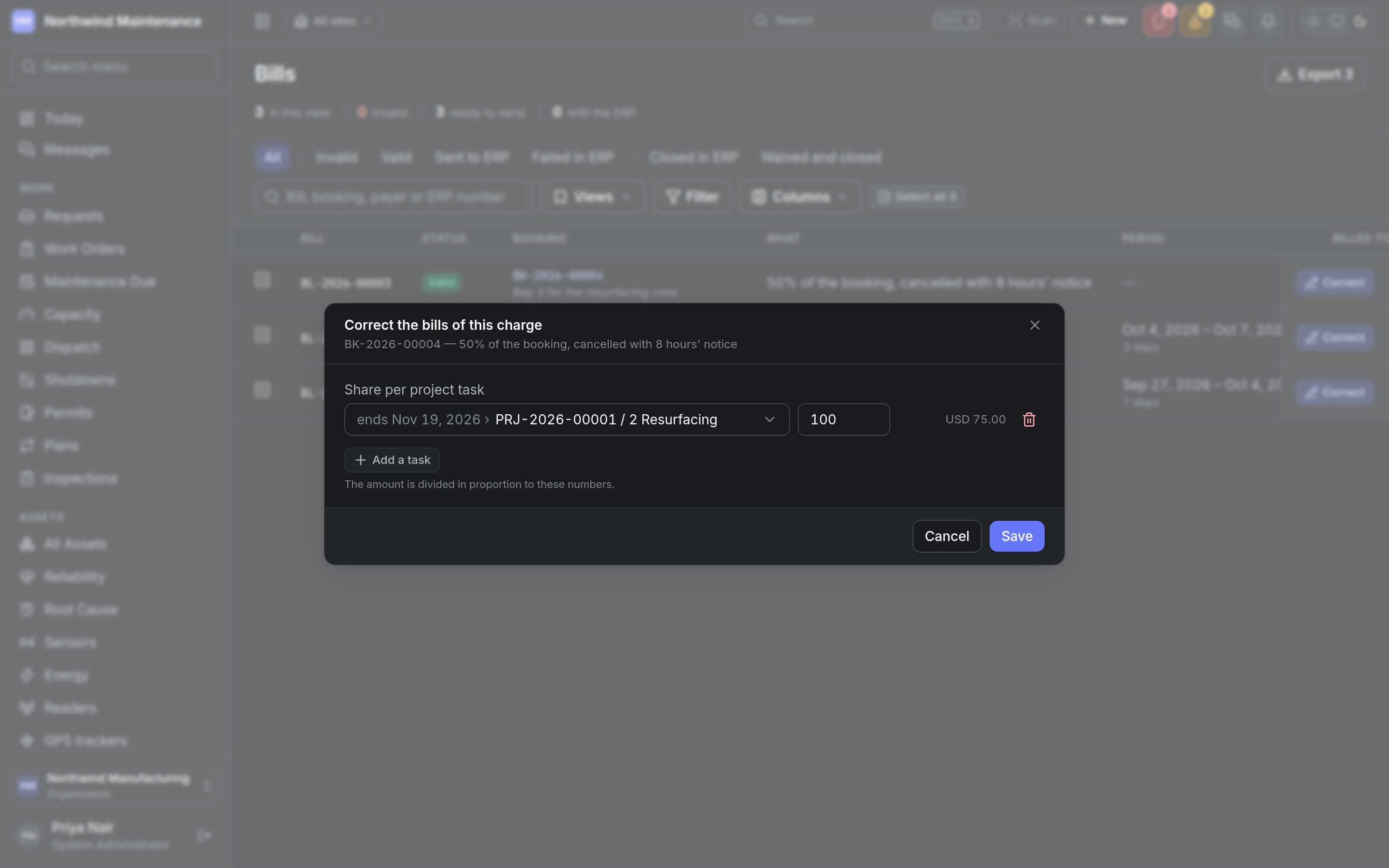 The Correct the bills of this charge dialog, with the share per project task