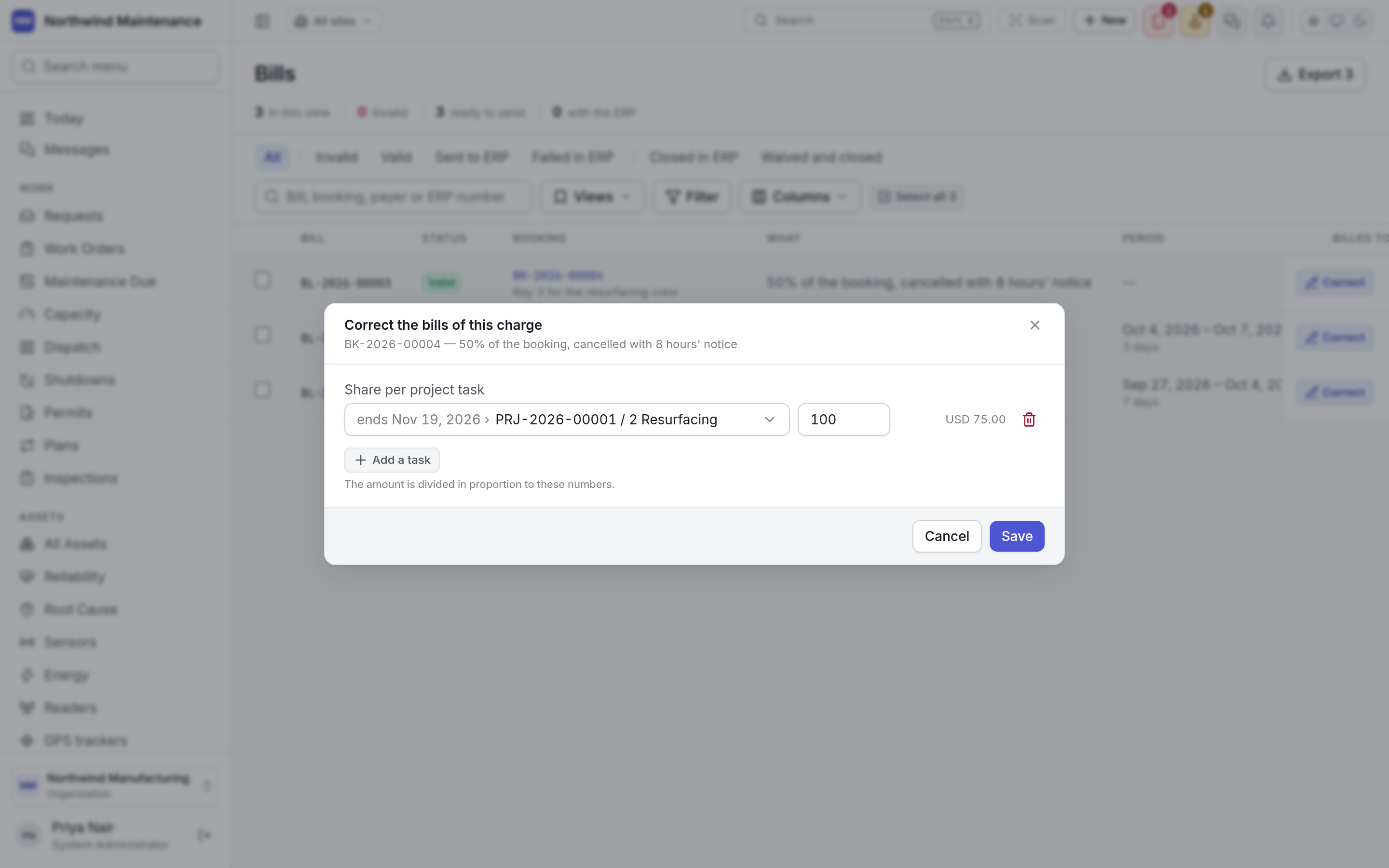 The Correct the bills of this charge dialog, with the share per project task
