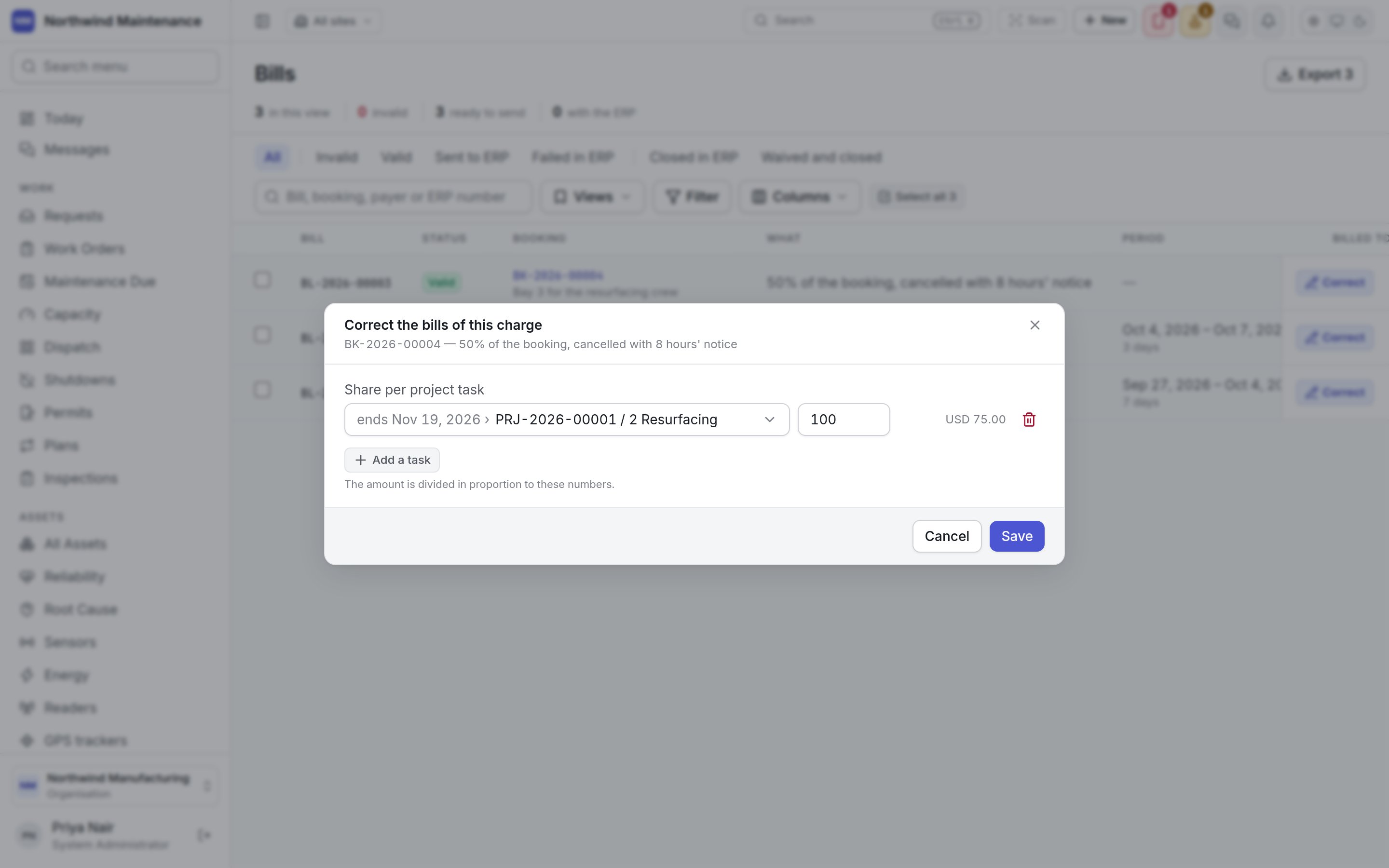 The Correct the bills of this charge dialog, with the share per project task
