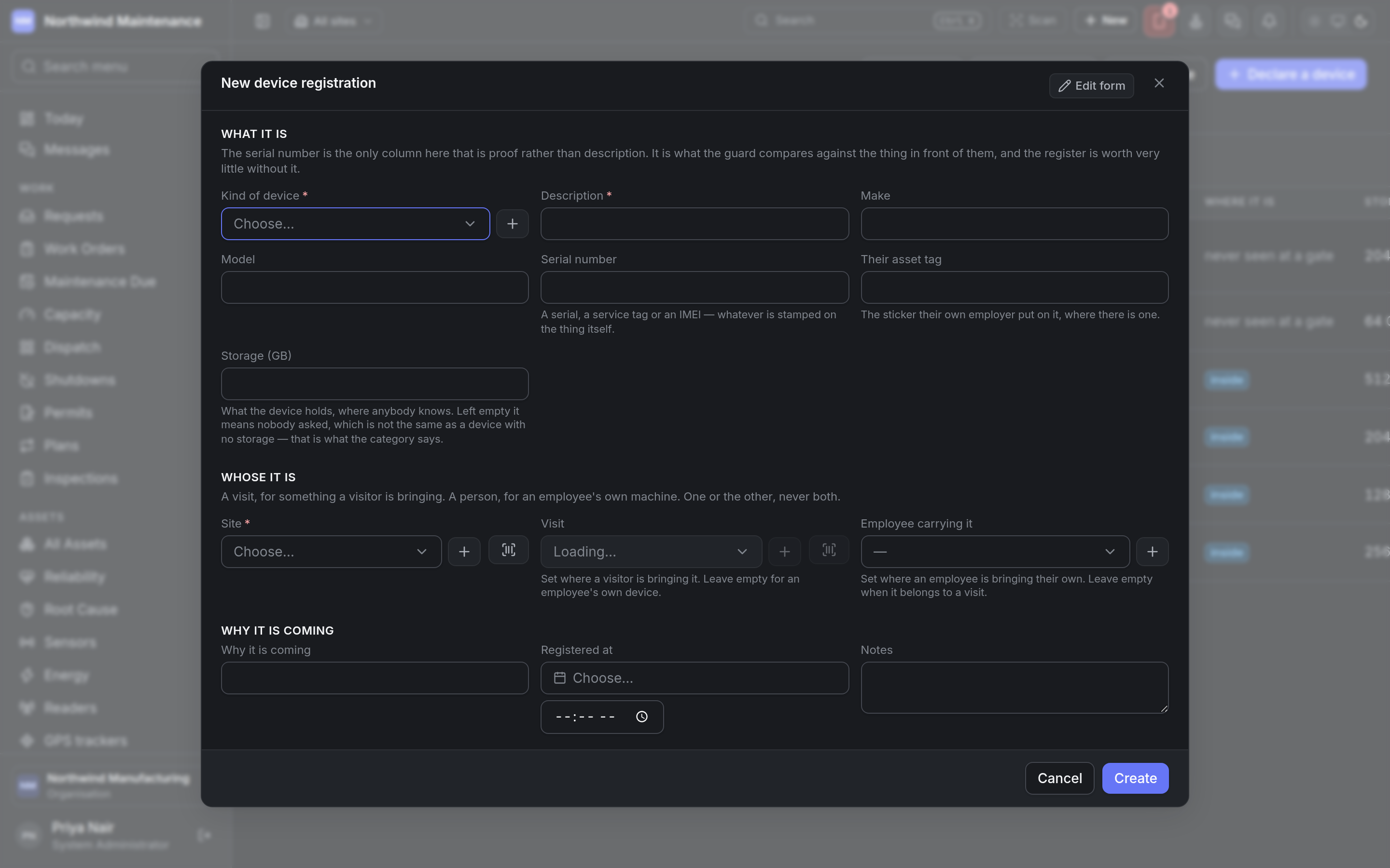 The new device registration form