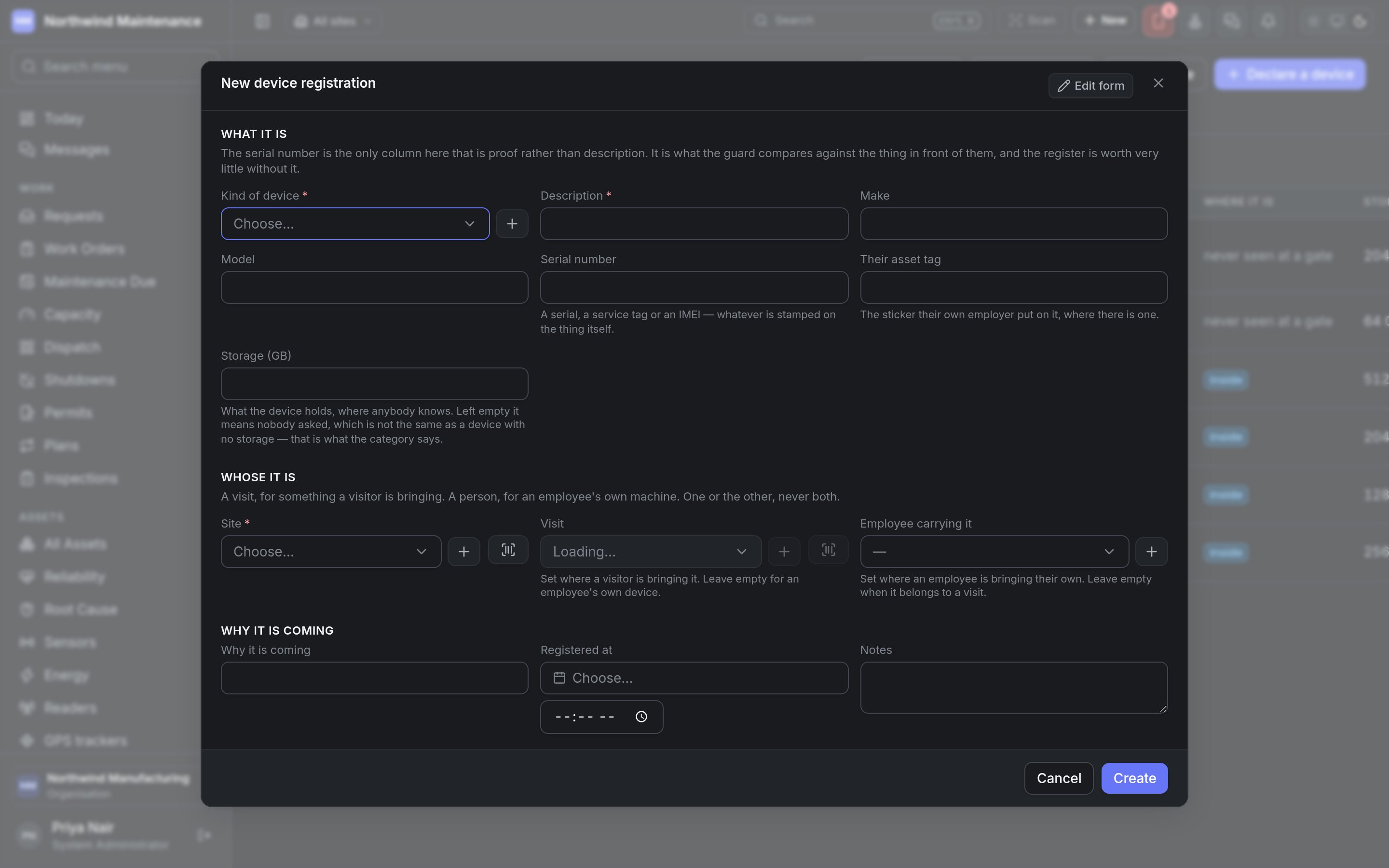 The new device registration form