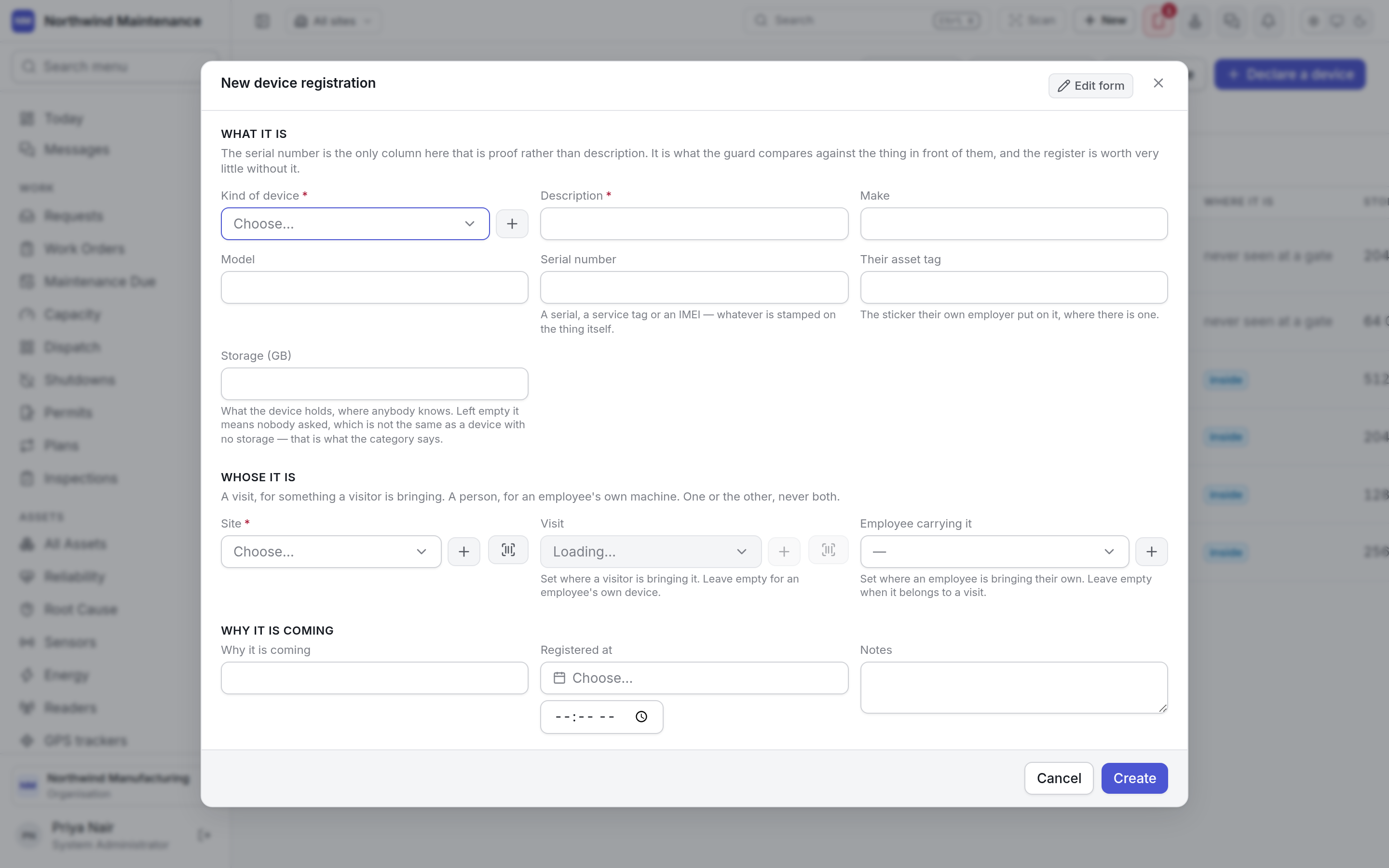 The new device registration form
