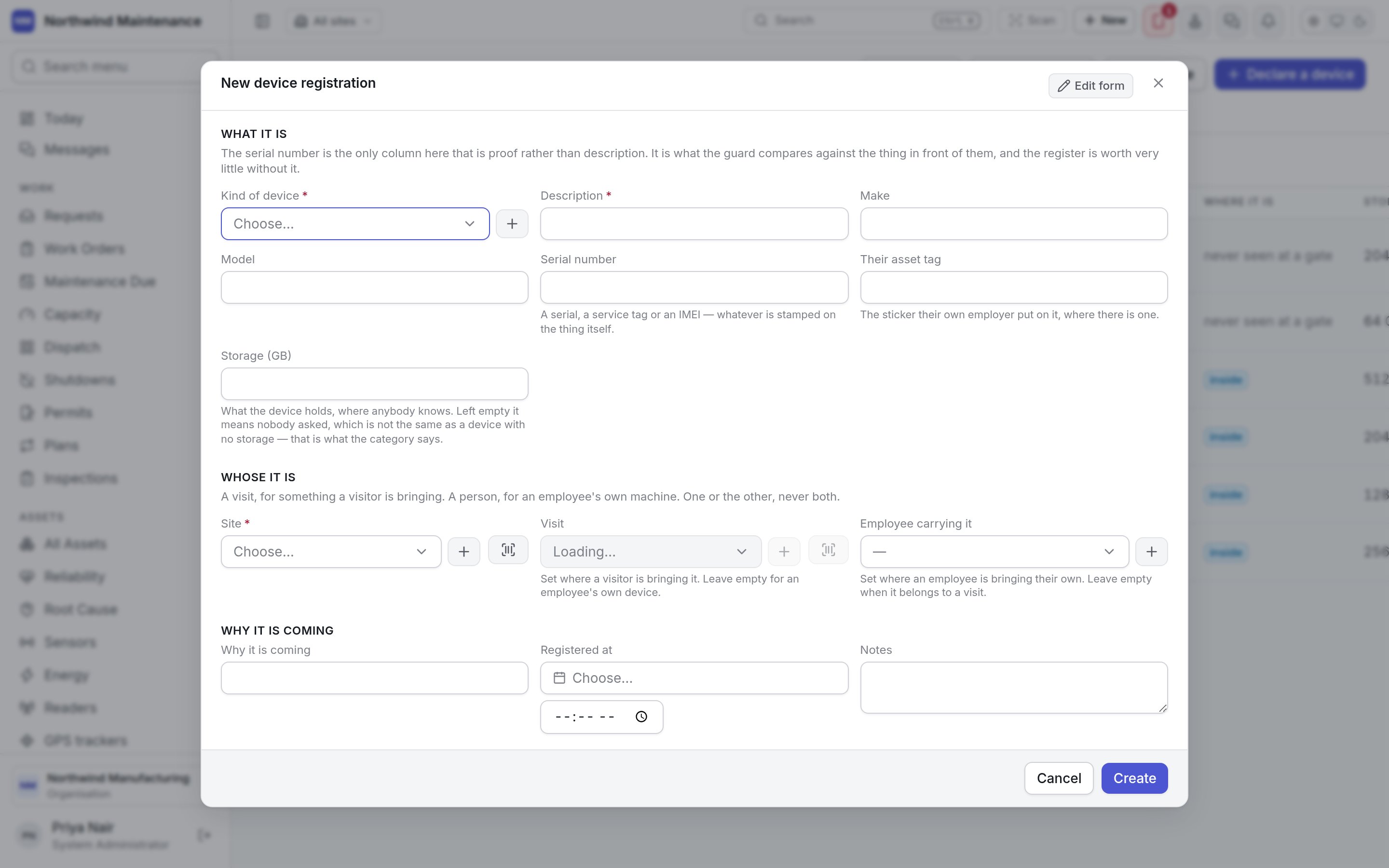 The new device registration form