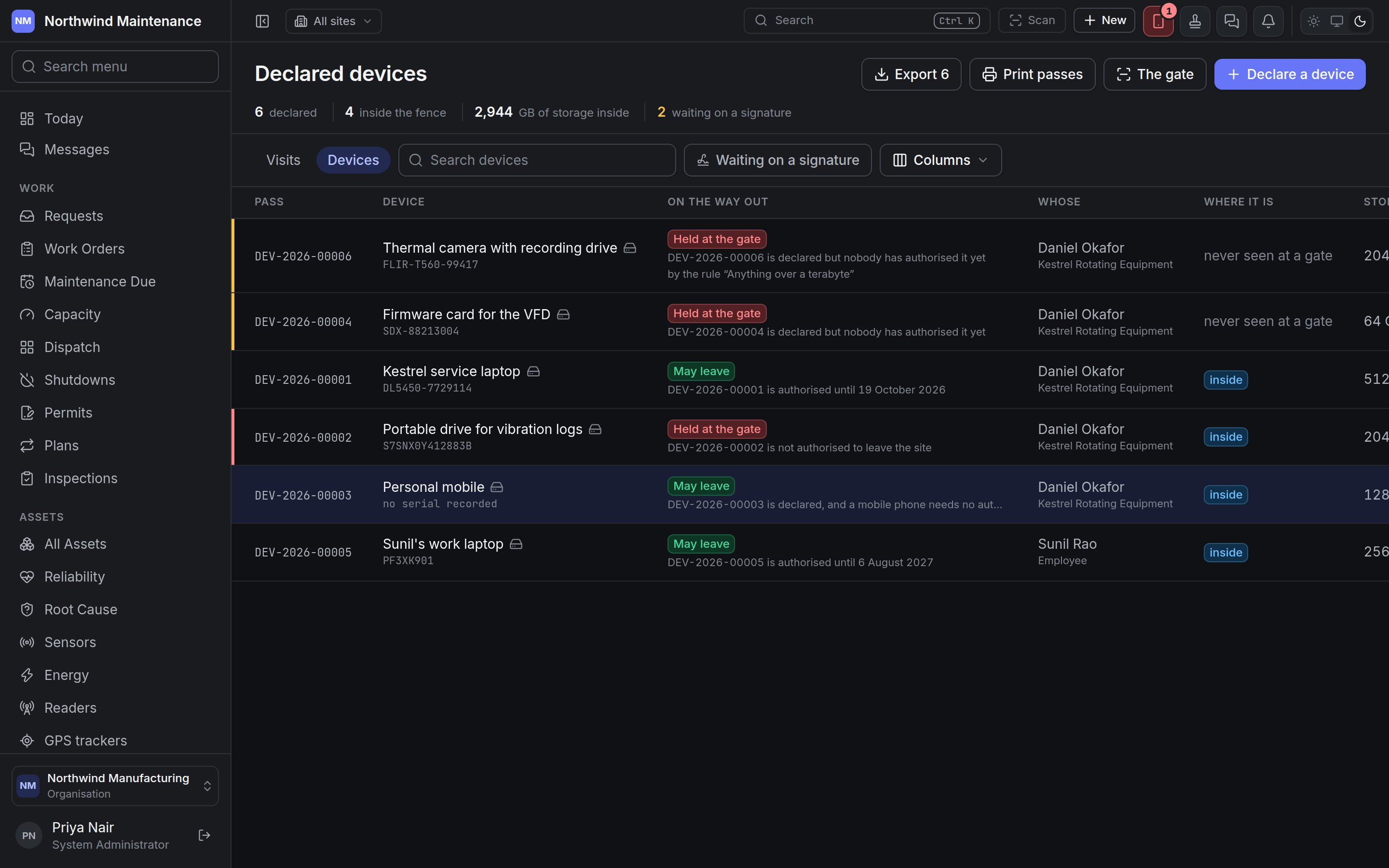 The declared devices register