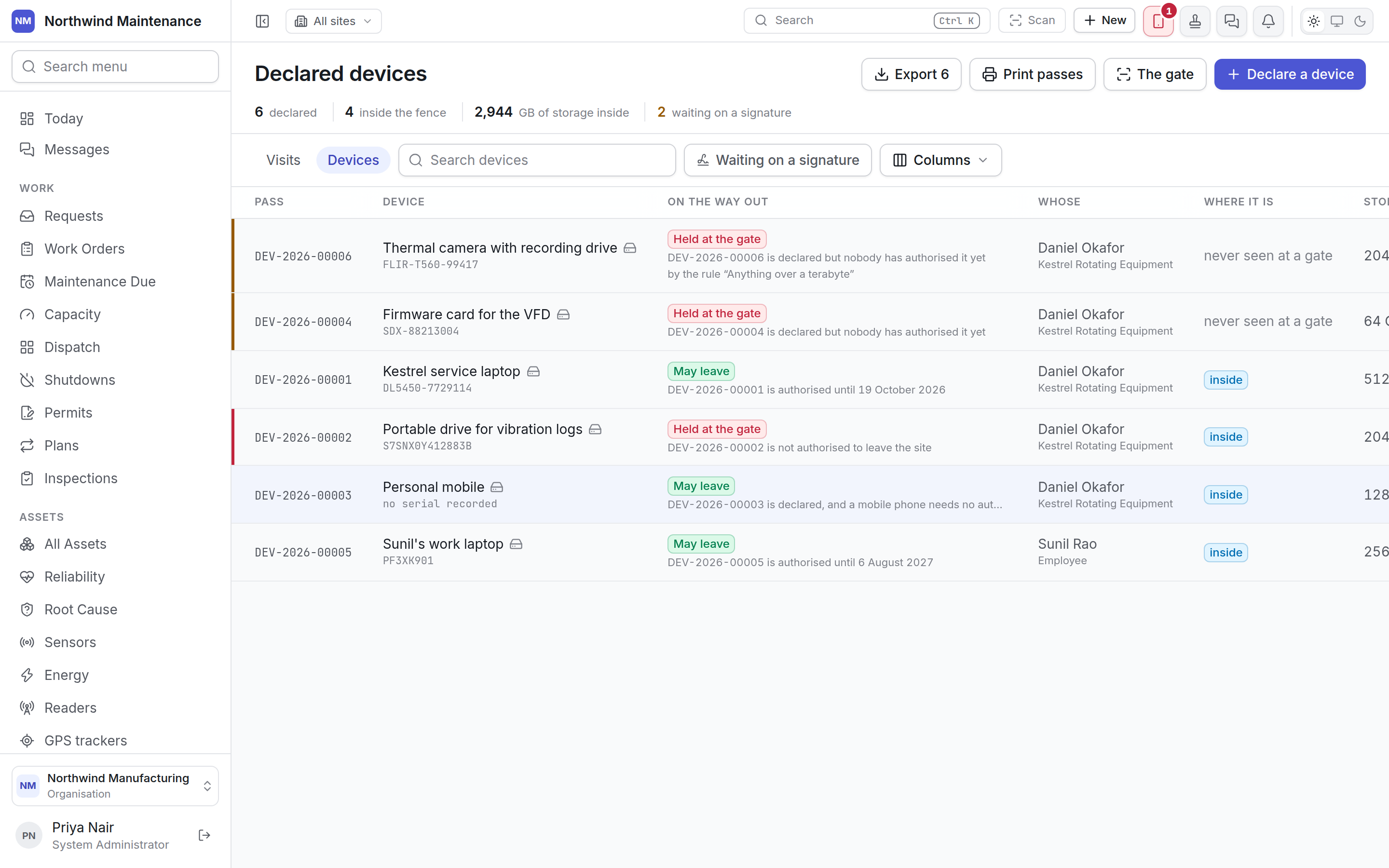 The declared devices register