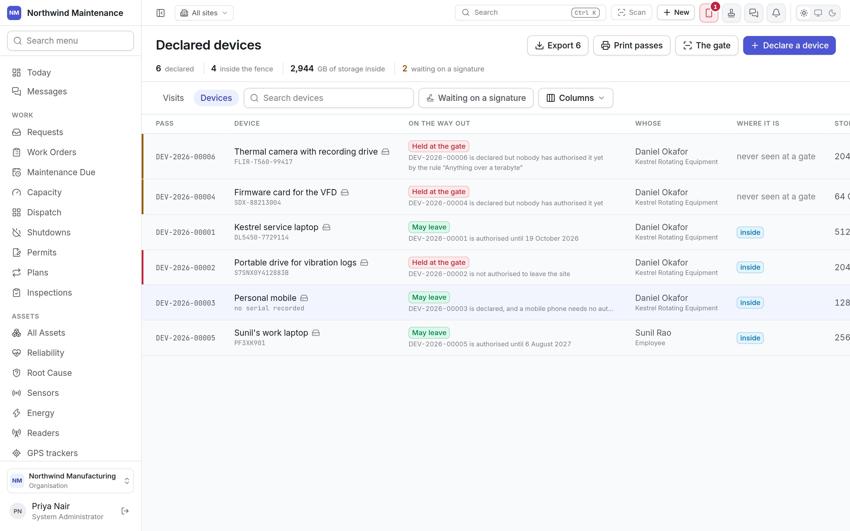 The declared devices register