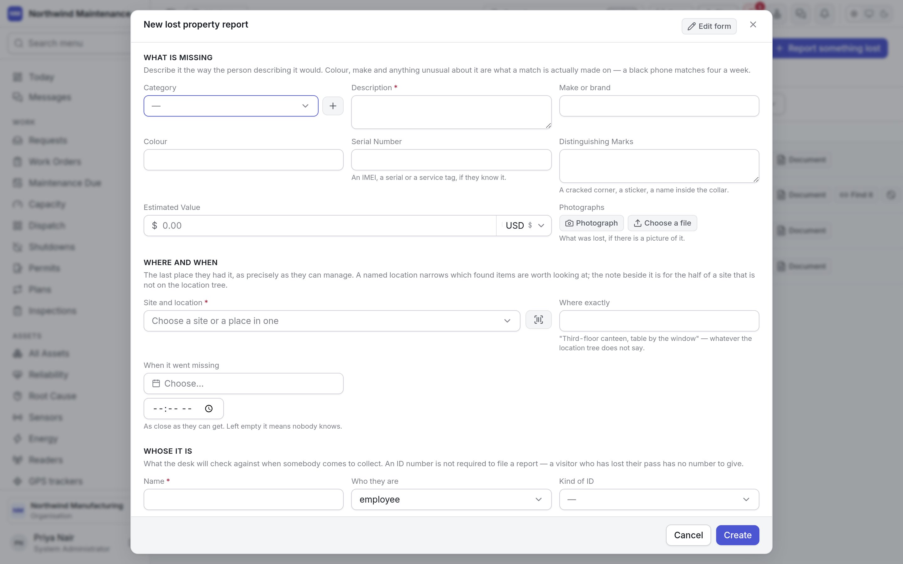 The new lost property report form
