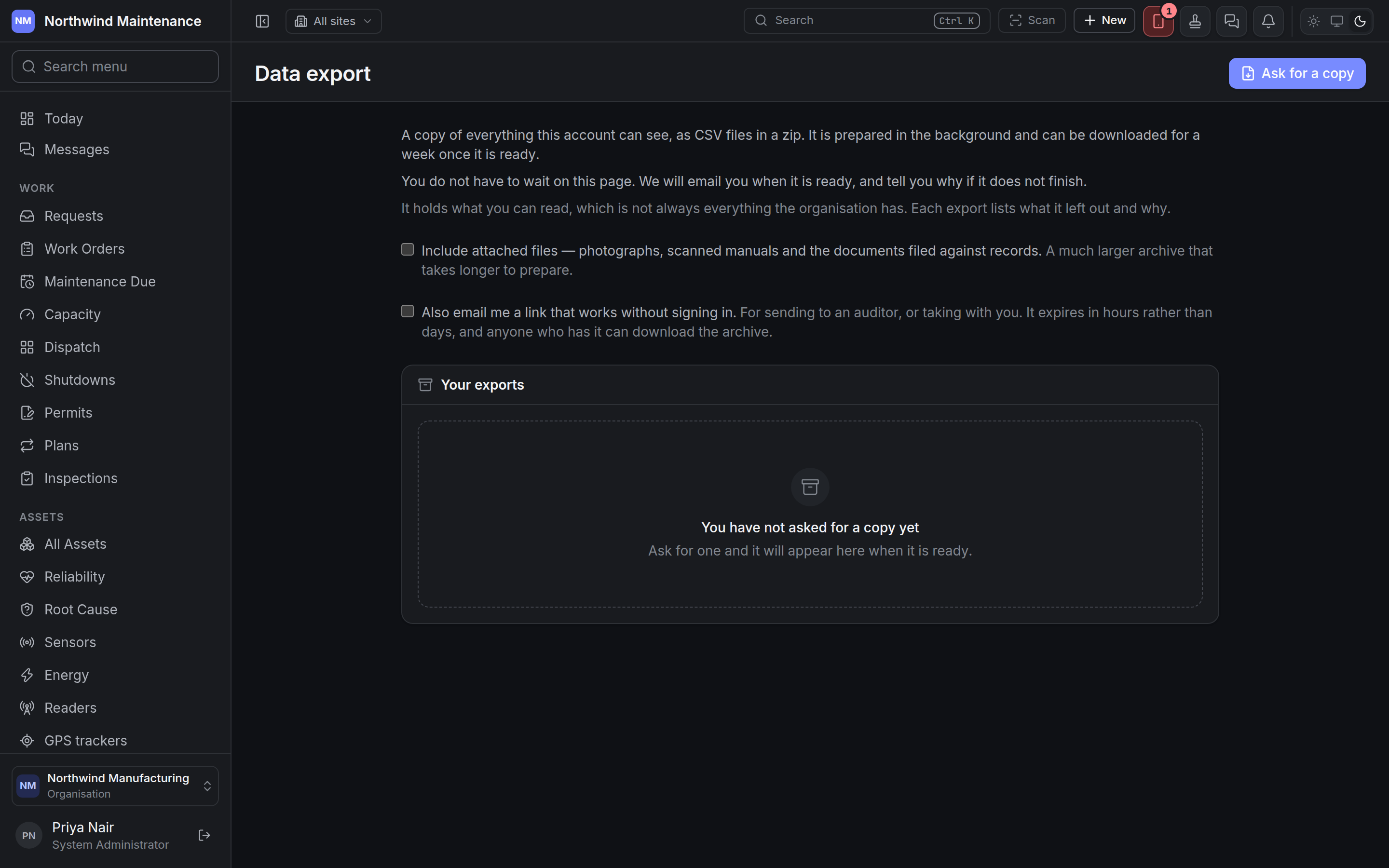 The Data export screen before any export has been asked for