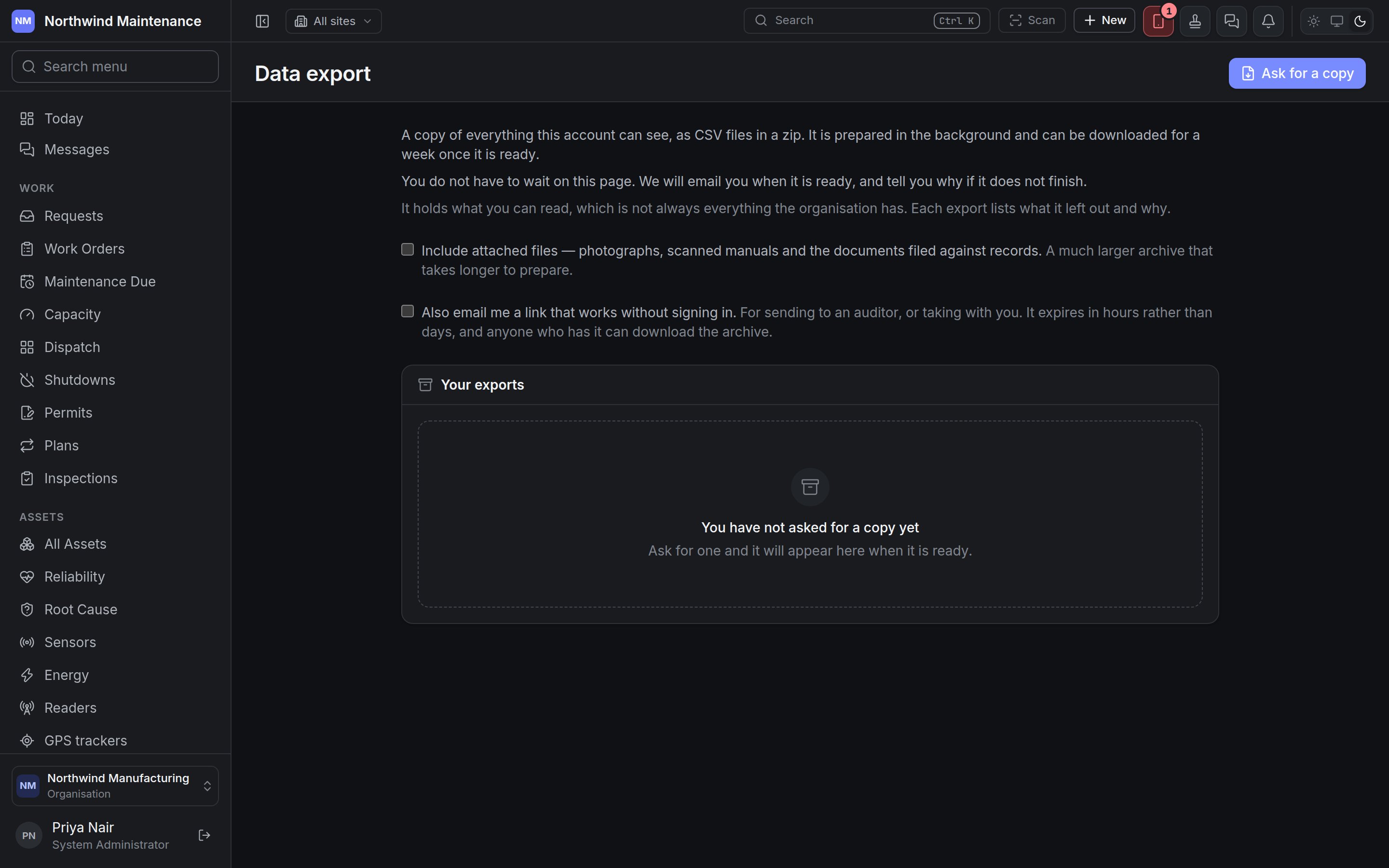 The Data export screen before any export has been asked for