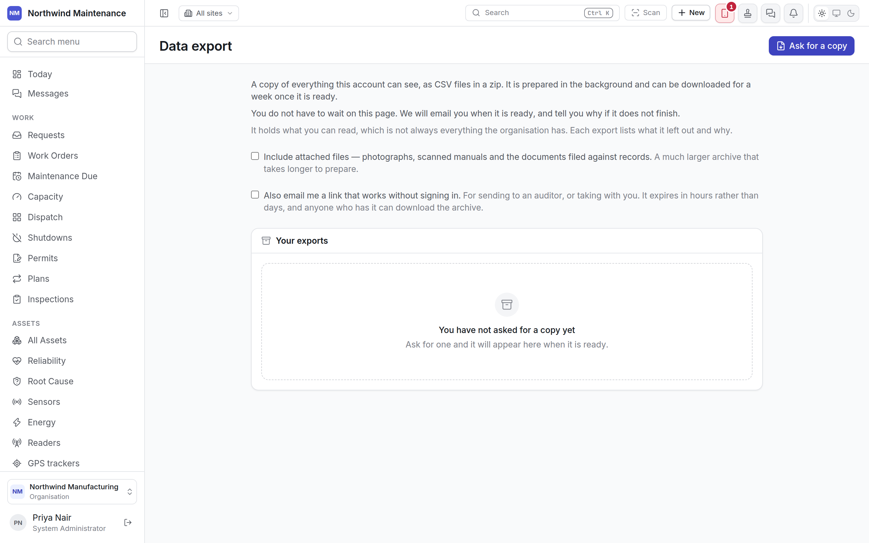 The Data export screen before any export has been asked for