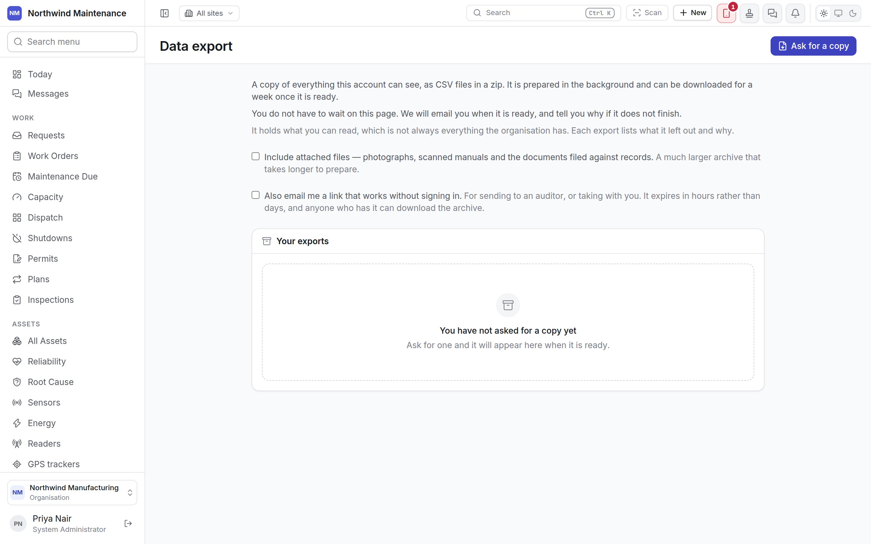 The Data export screen before any export has been asked for
