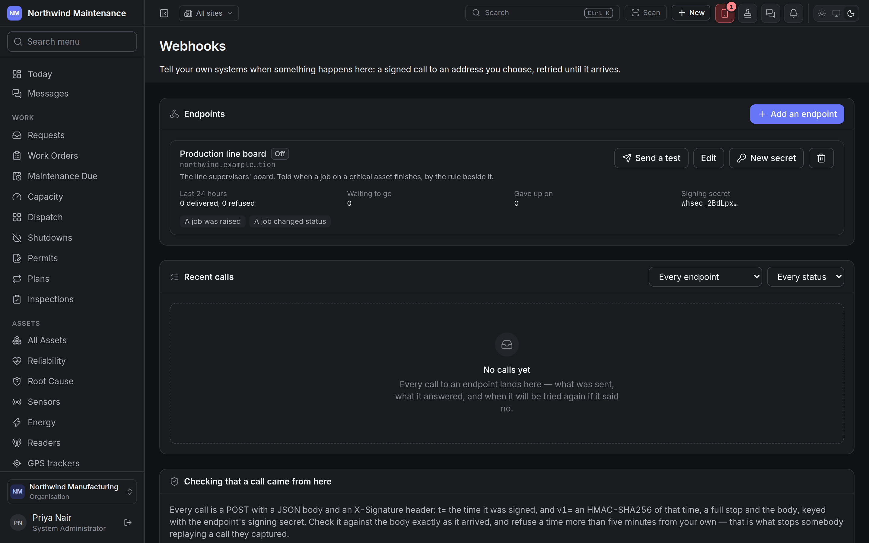 The Webhooks screen with one endpoint and the empty call log