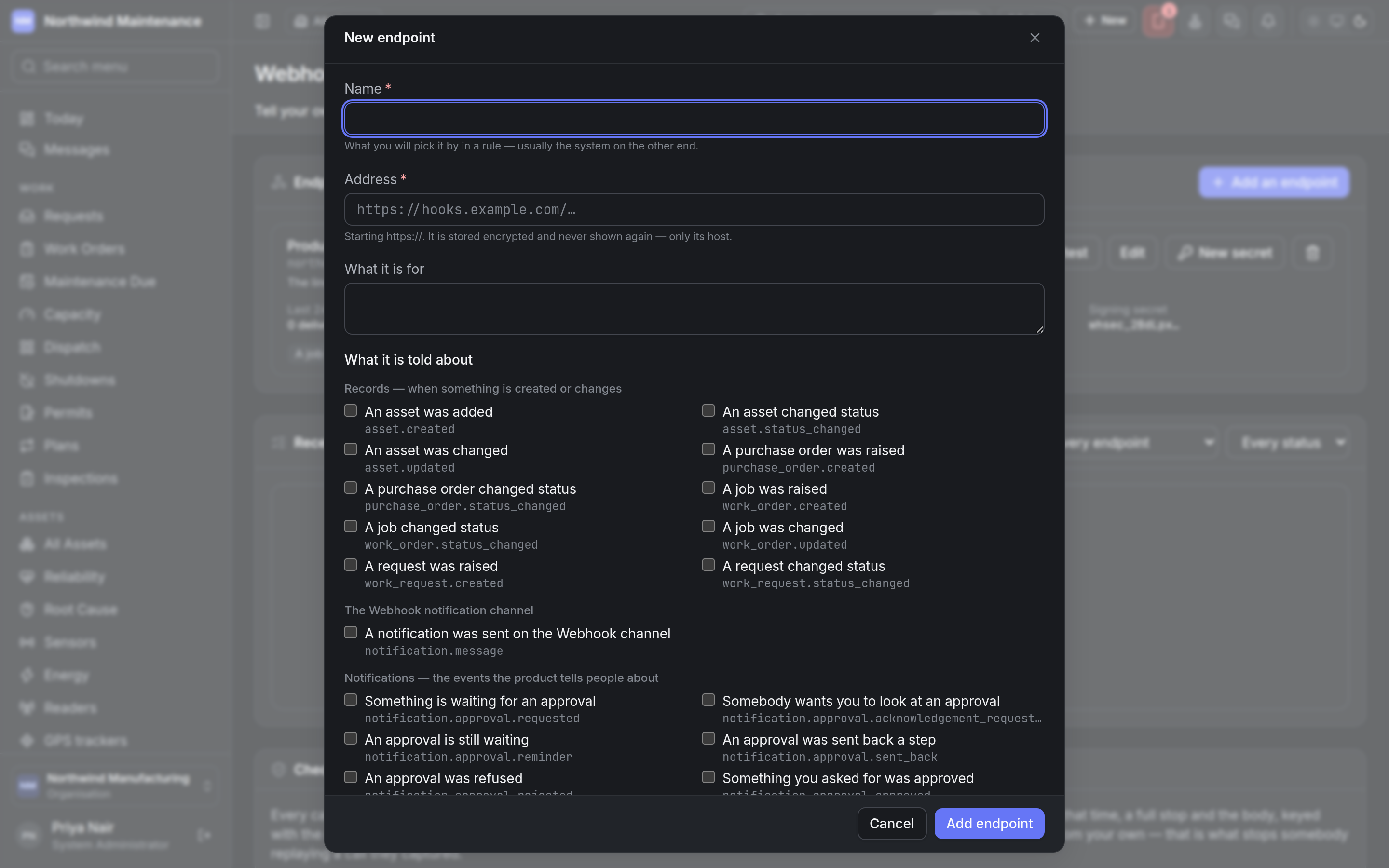 The New endpoint dialog, with events grouped into records, the Webhook channel and notifications