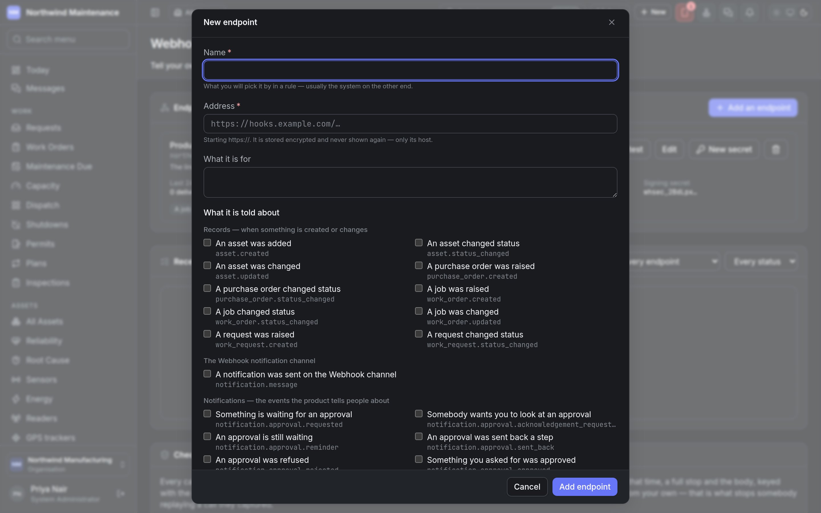 The New endpoint dialog, with events grouped into records, the Webhook channel and notifications