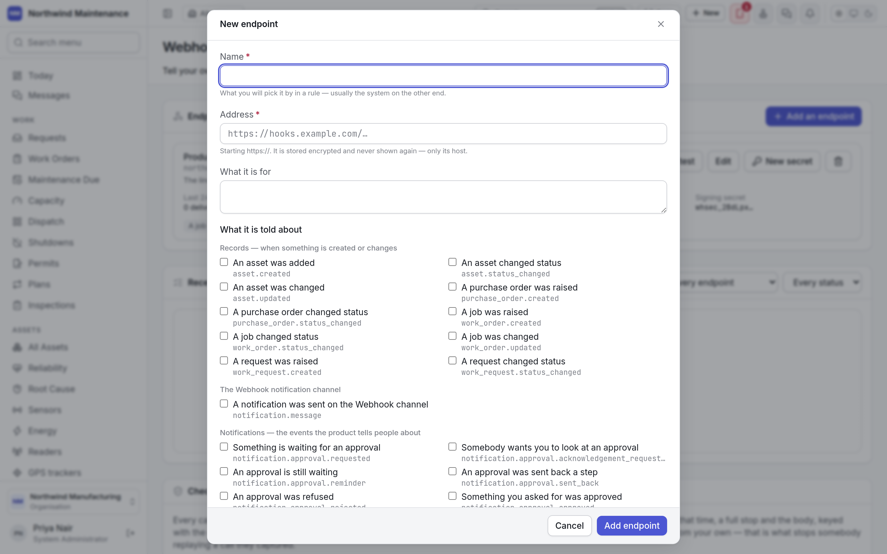 The New endpoint dialog, with events grouped into records, the Webhook channel and notifications