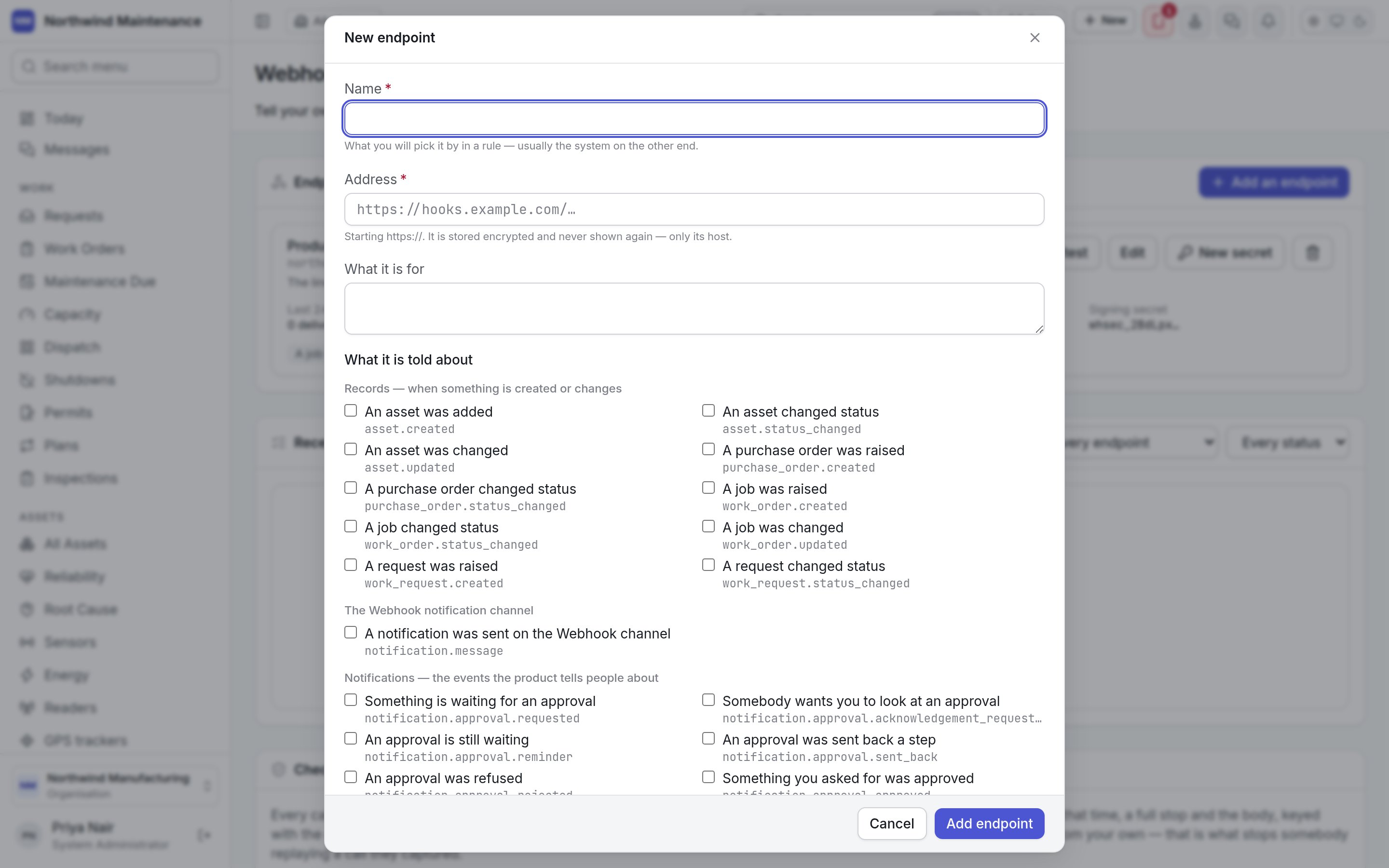 The New endpoint dialog, with events grouped into records, the Webhook channel and notifications