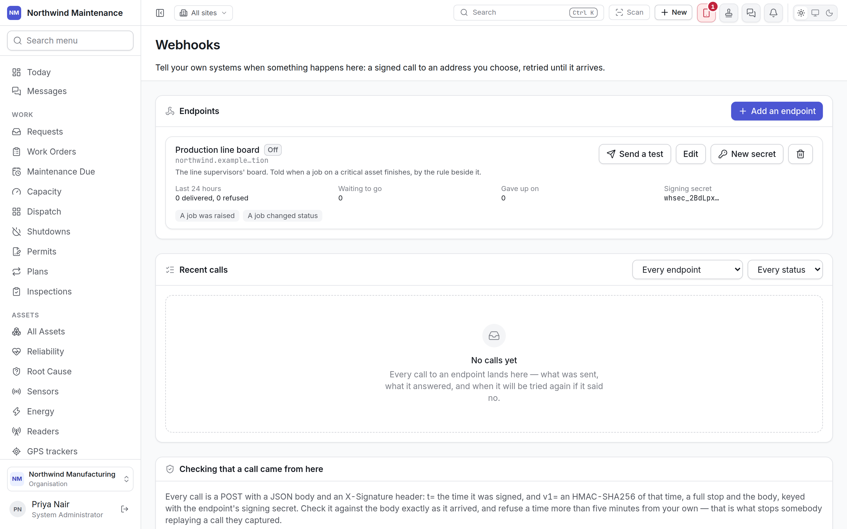 The Webhooks screen with one endpoint and the empty call log