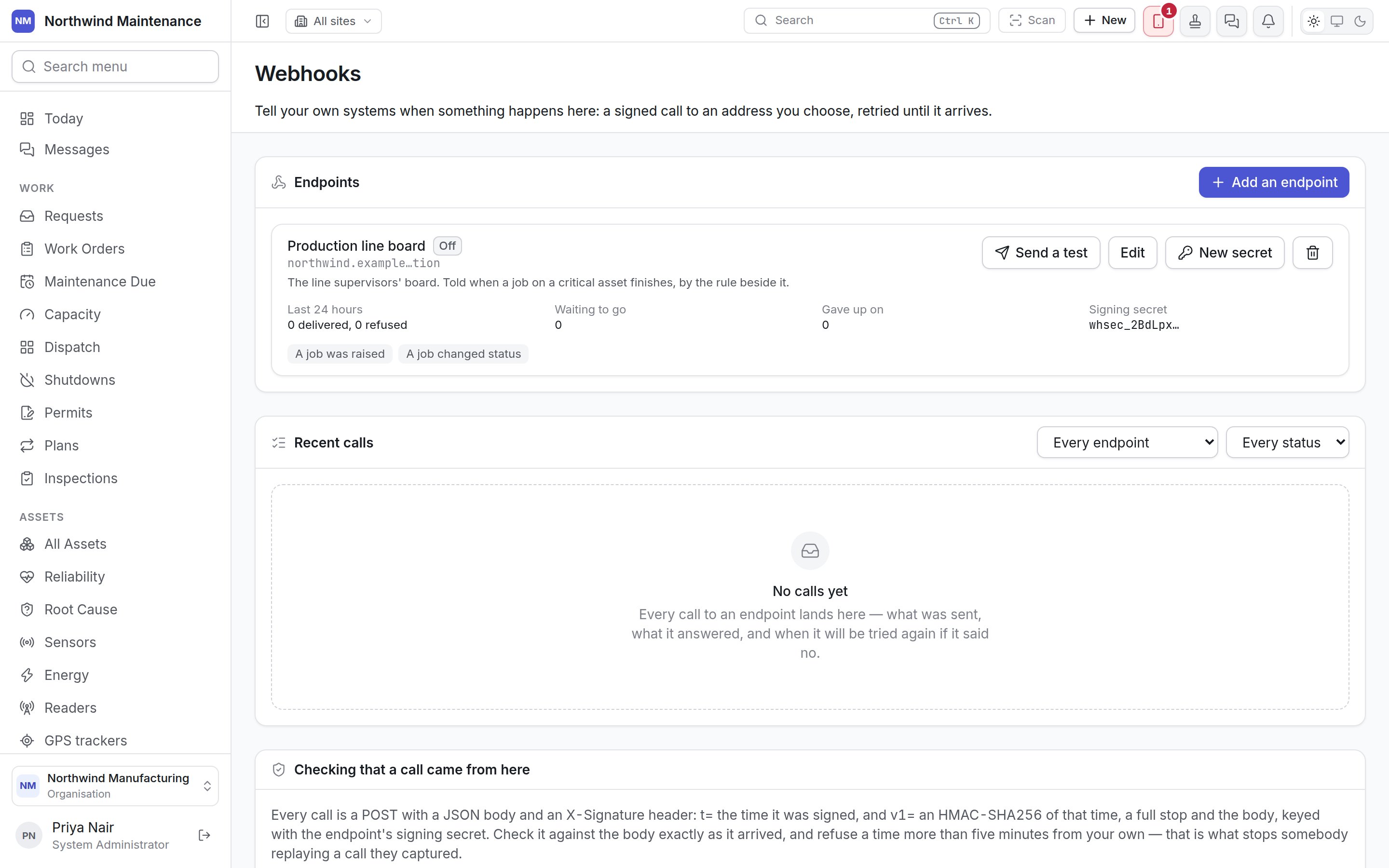 The Webhooks screen with one endpoint and the empty call log