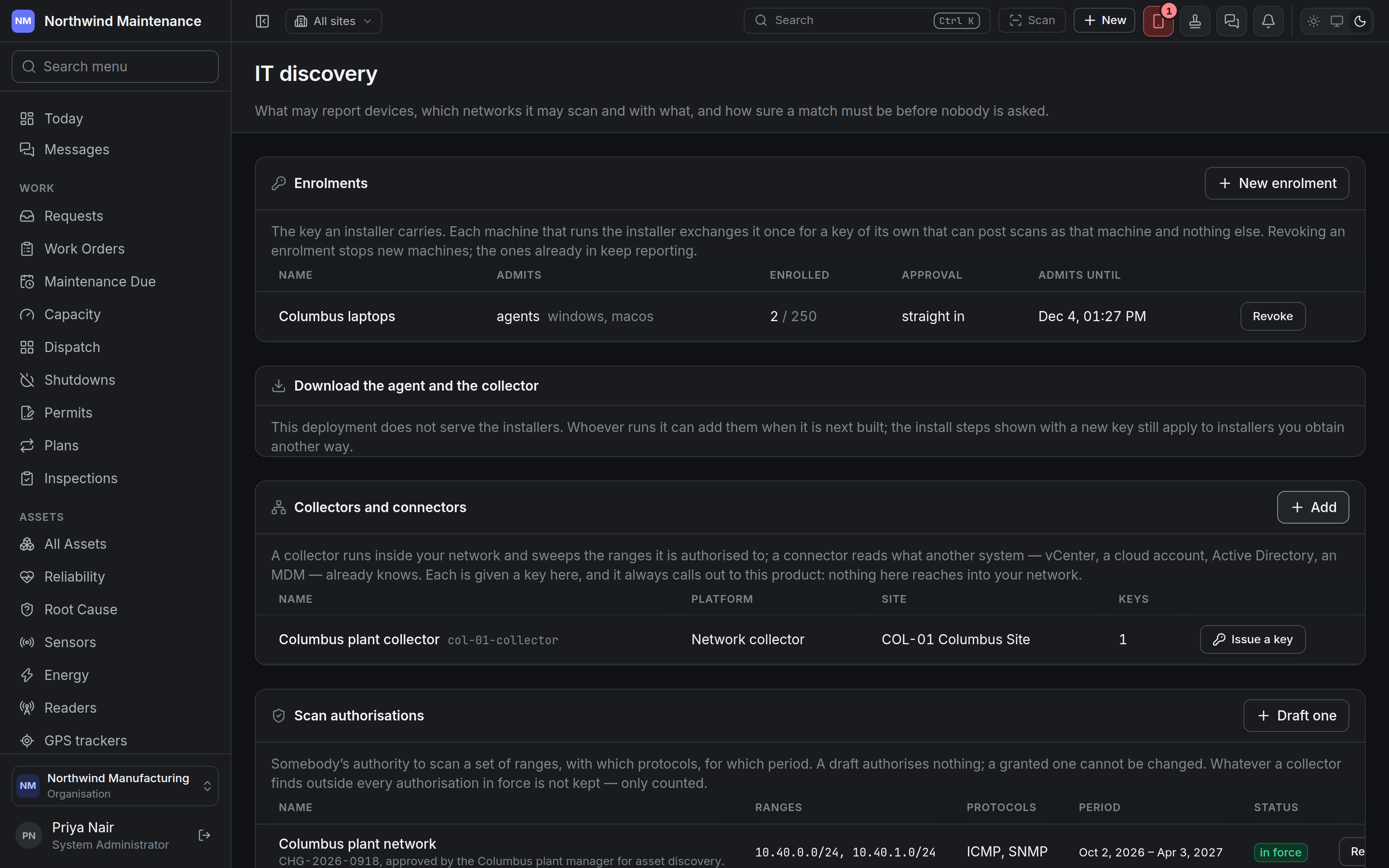 The IT discovery settings screen