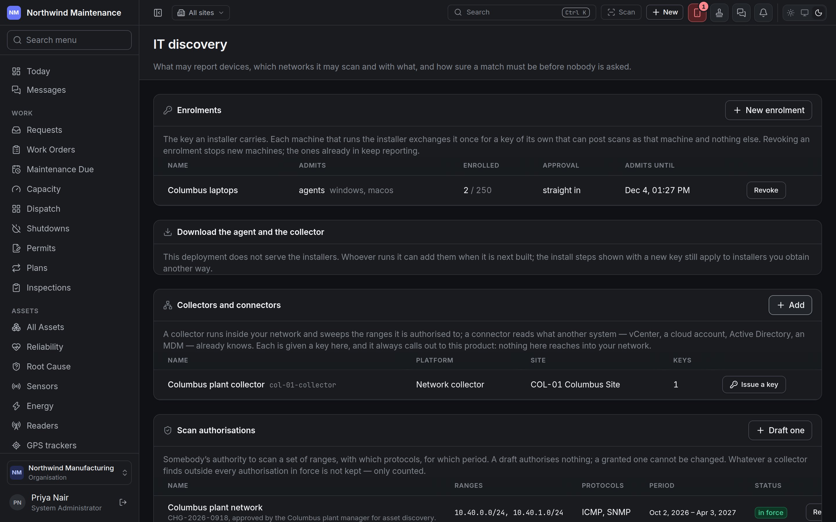 The IT discovery settings screen