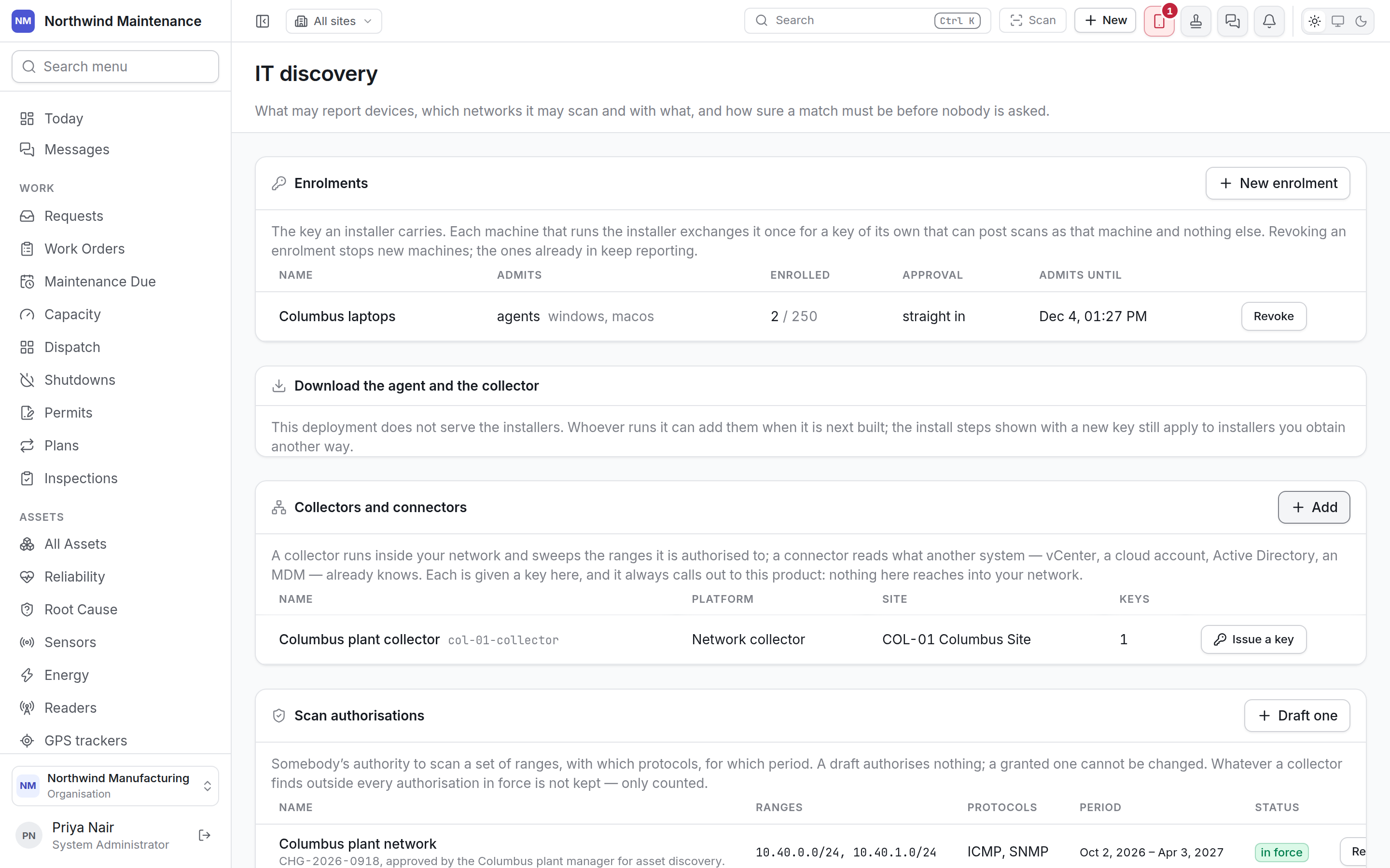 The IT discovery settings screen