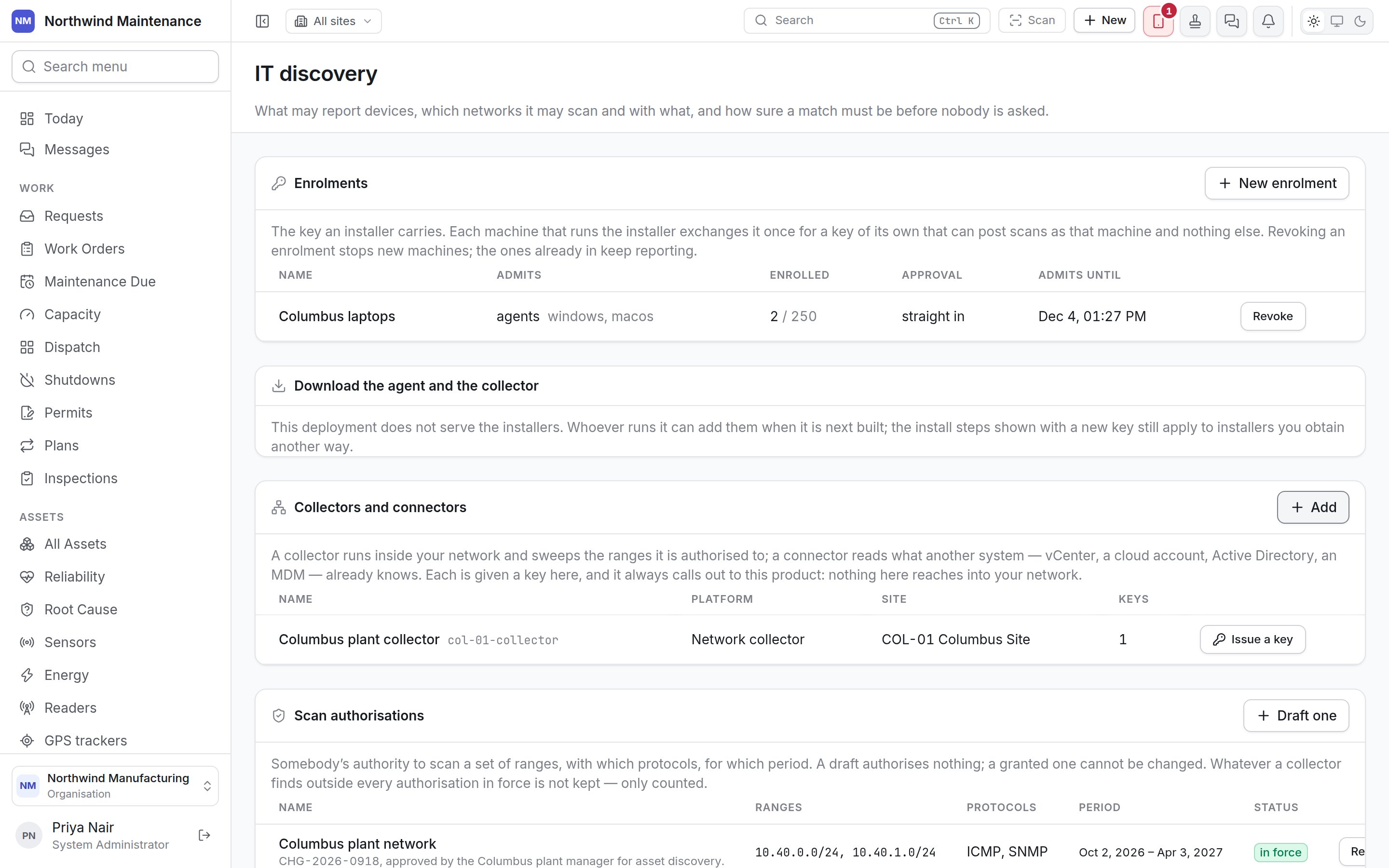 The IT discovery settings screen