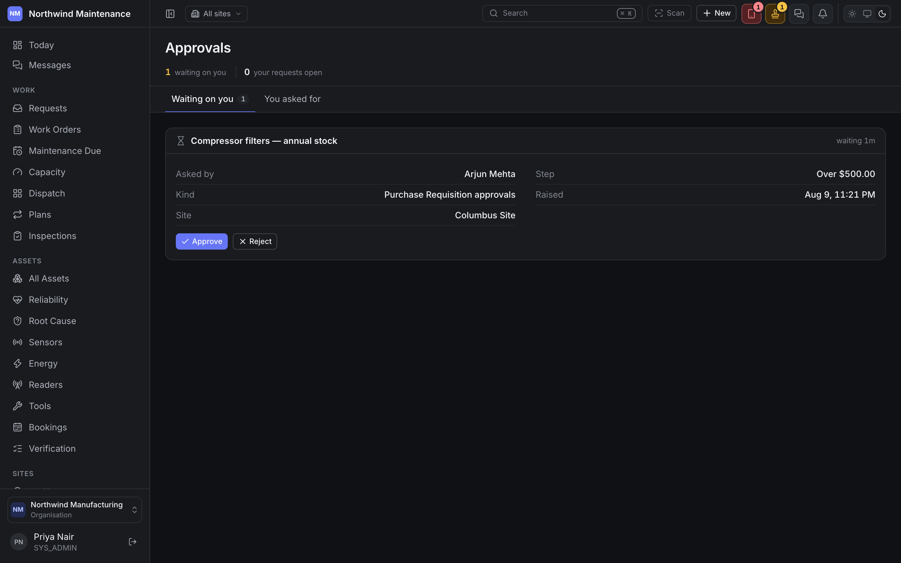 The approvals screen with one purchase requisition waiting on a signature