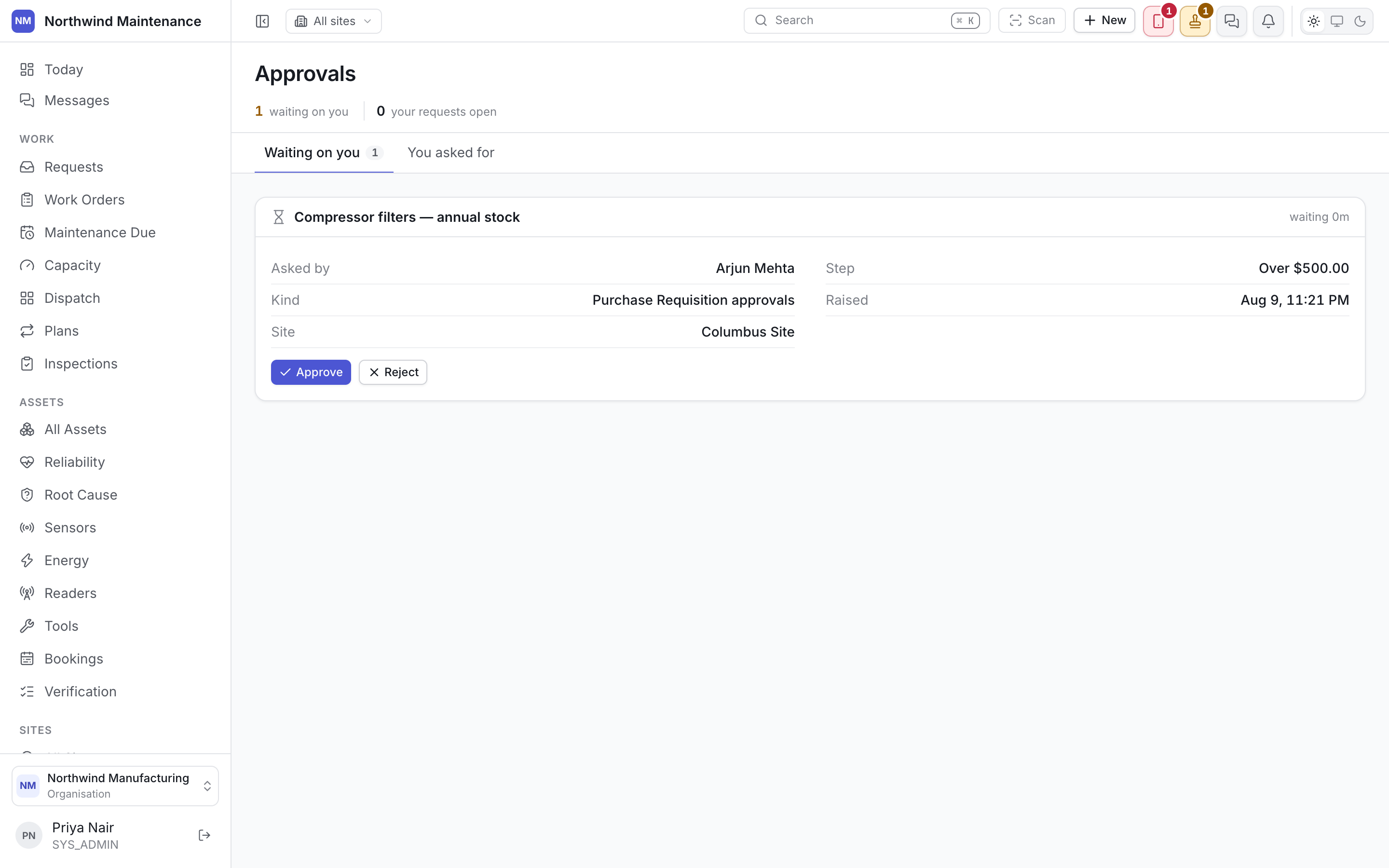 The approvals screen with one purchase requisition waiting on a signature