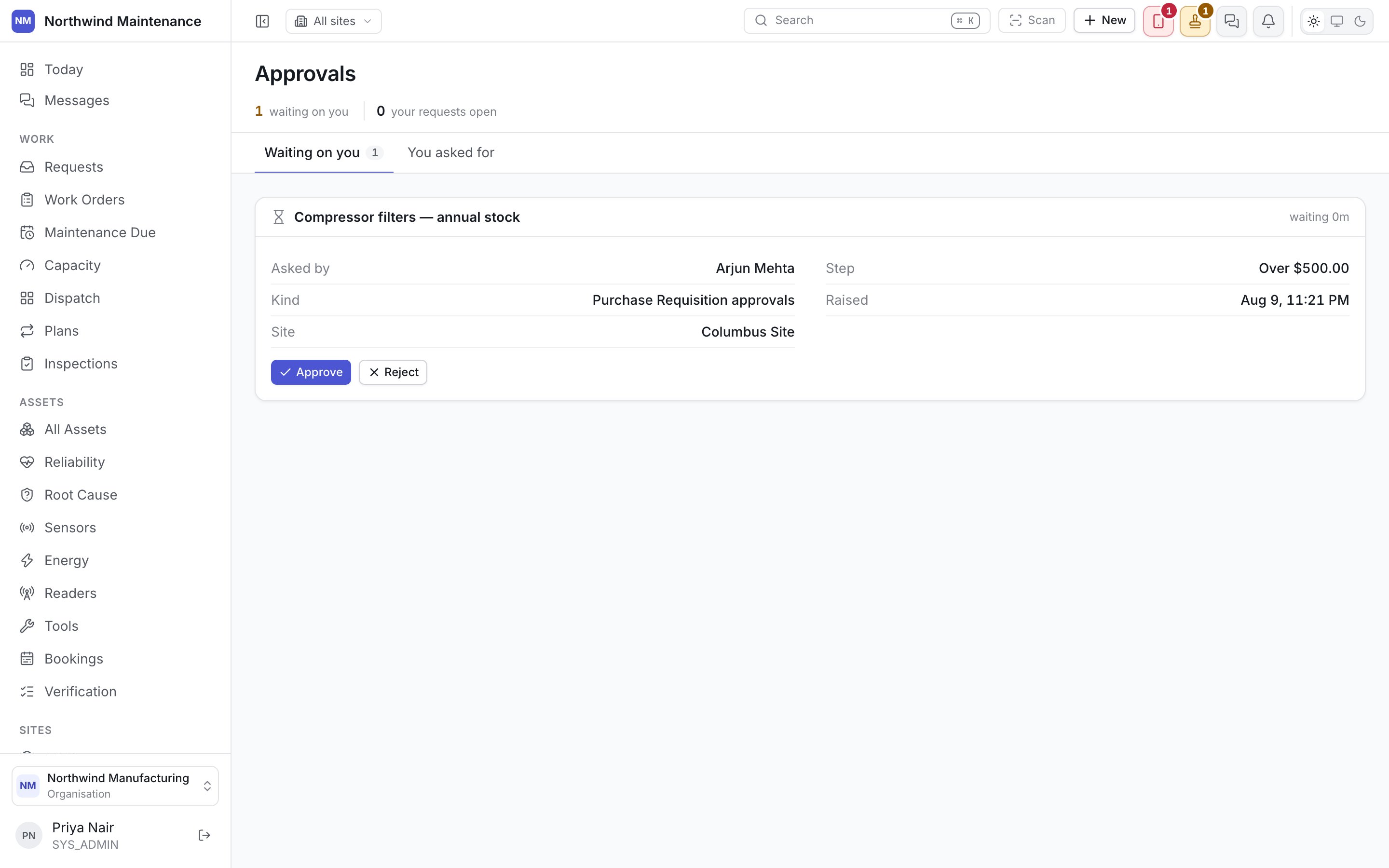 The approvals screen with one purchase requisition waiting on a signature