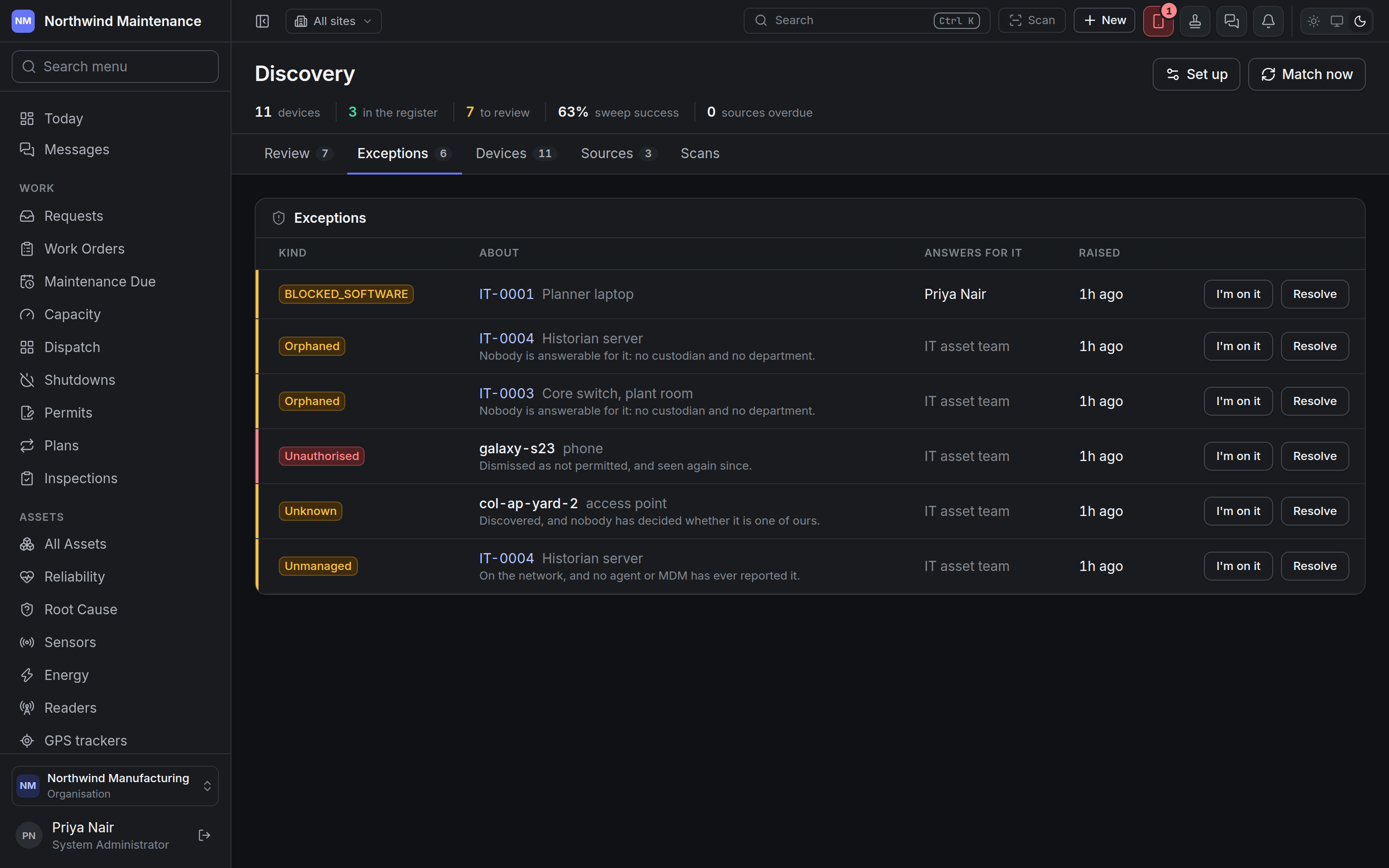 The Exceptions tab listing orphaned, unauthorised, unknown and unmanaged devices