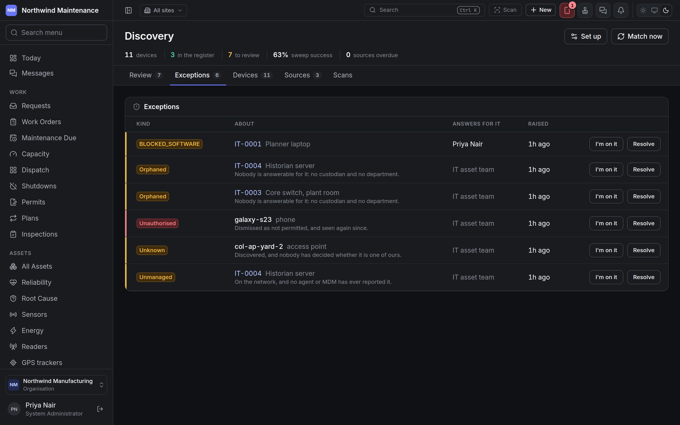 The Exceptions tab listing orphaned, unauthorised, unknown and unmanaged devices