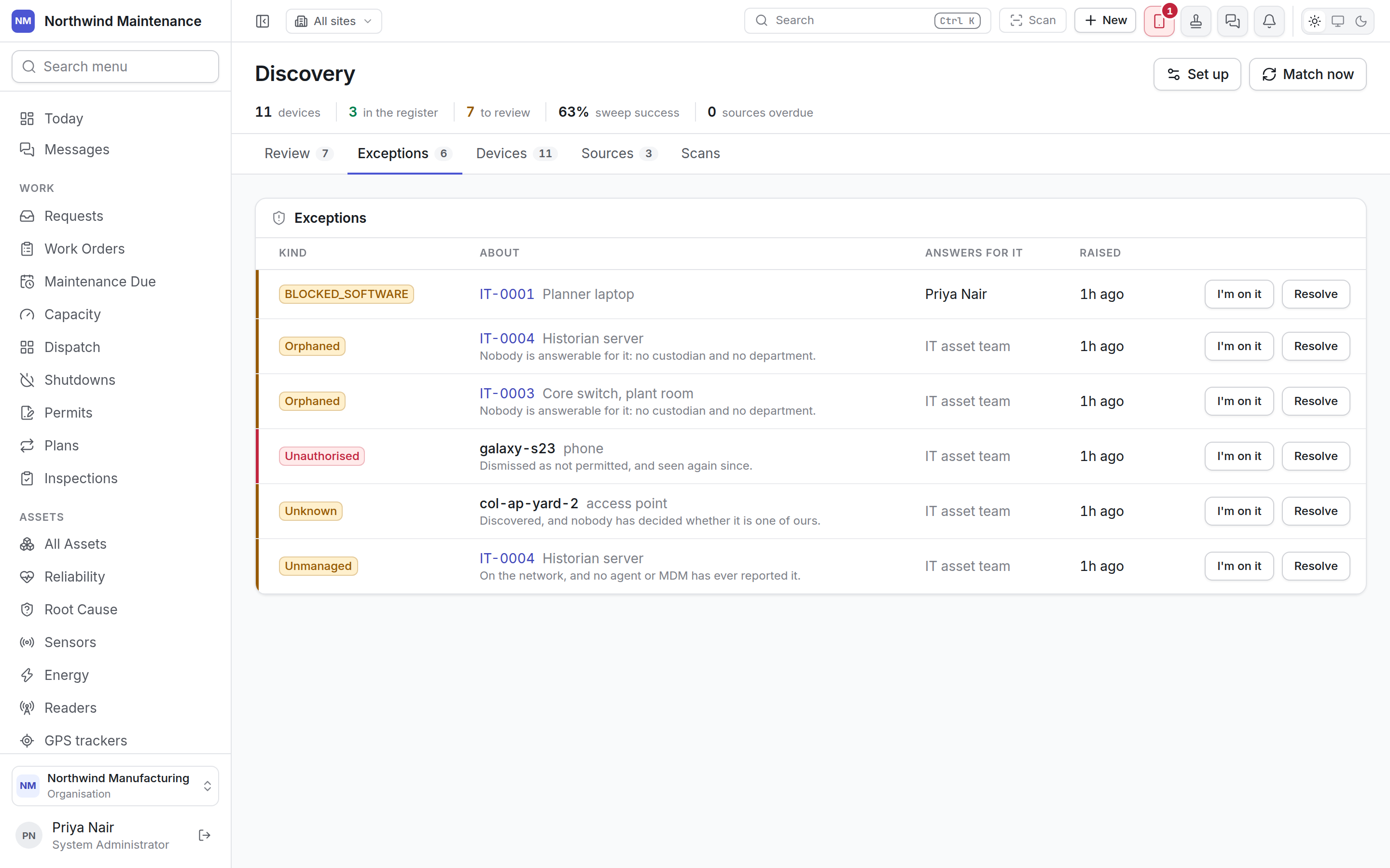 The Exceptions tab listing orphaned, unauthorised, unknown and unmanaged devices