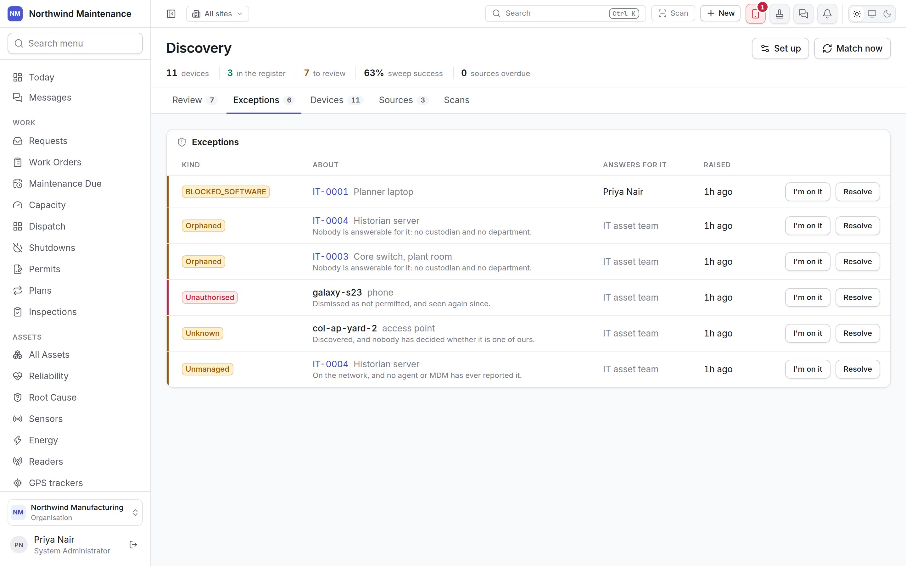The Exceptions tab listing orphaned, unauthorised, unknown and unmanaged devices