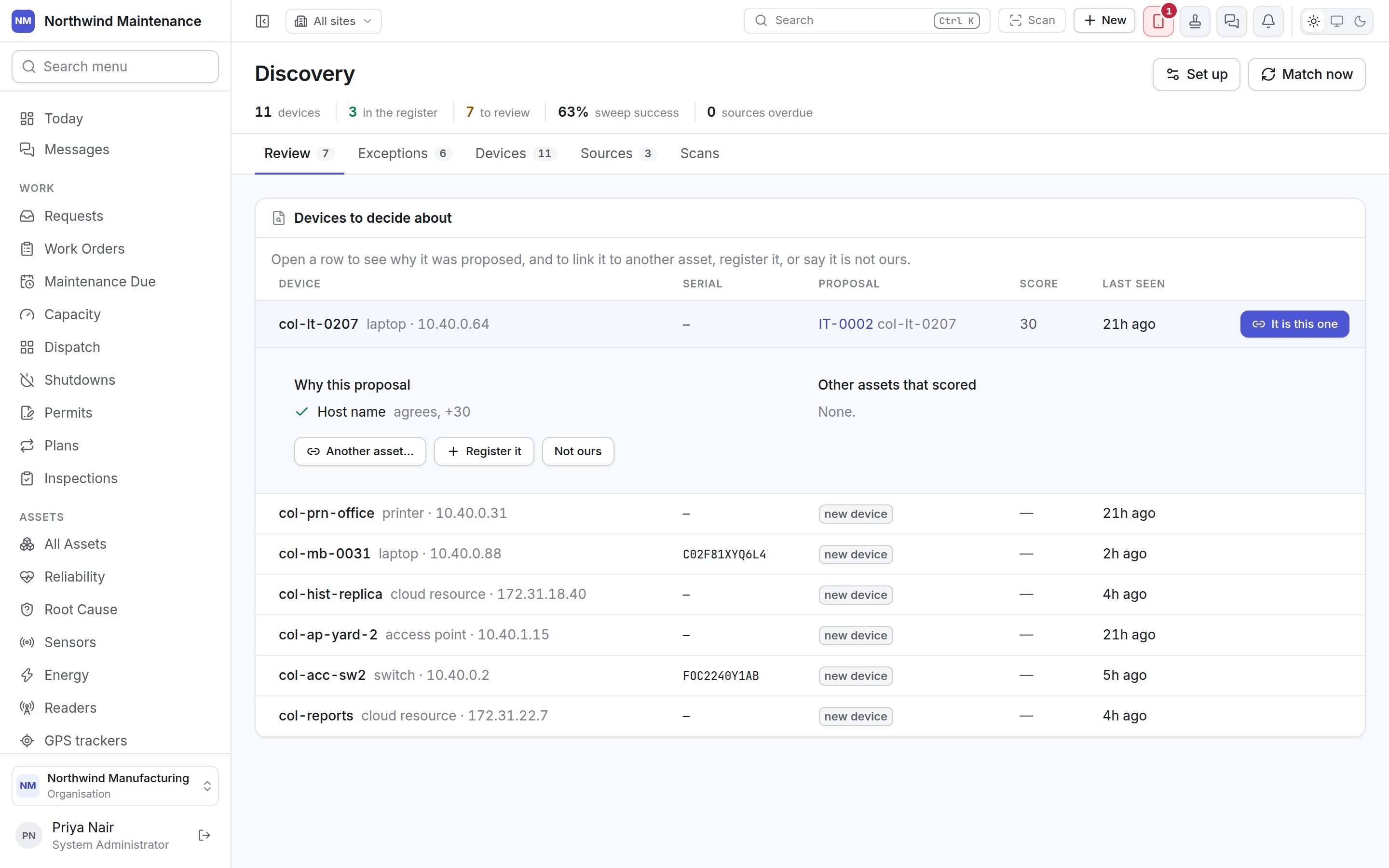 The Discovery review list with one device opened to show why it was proposed