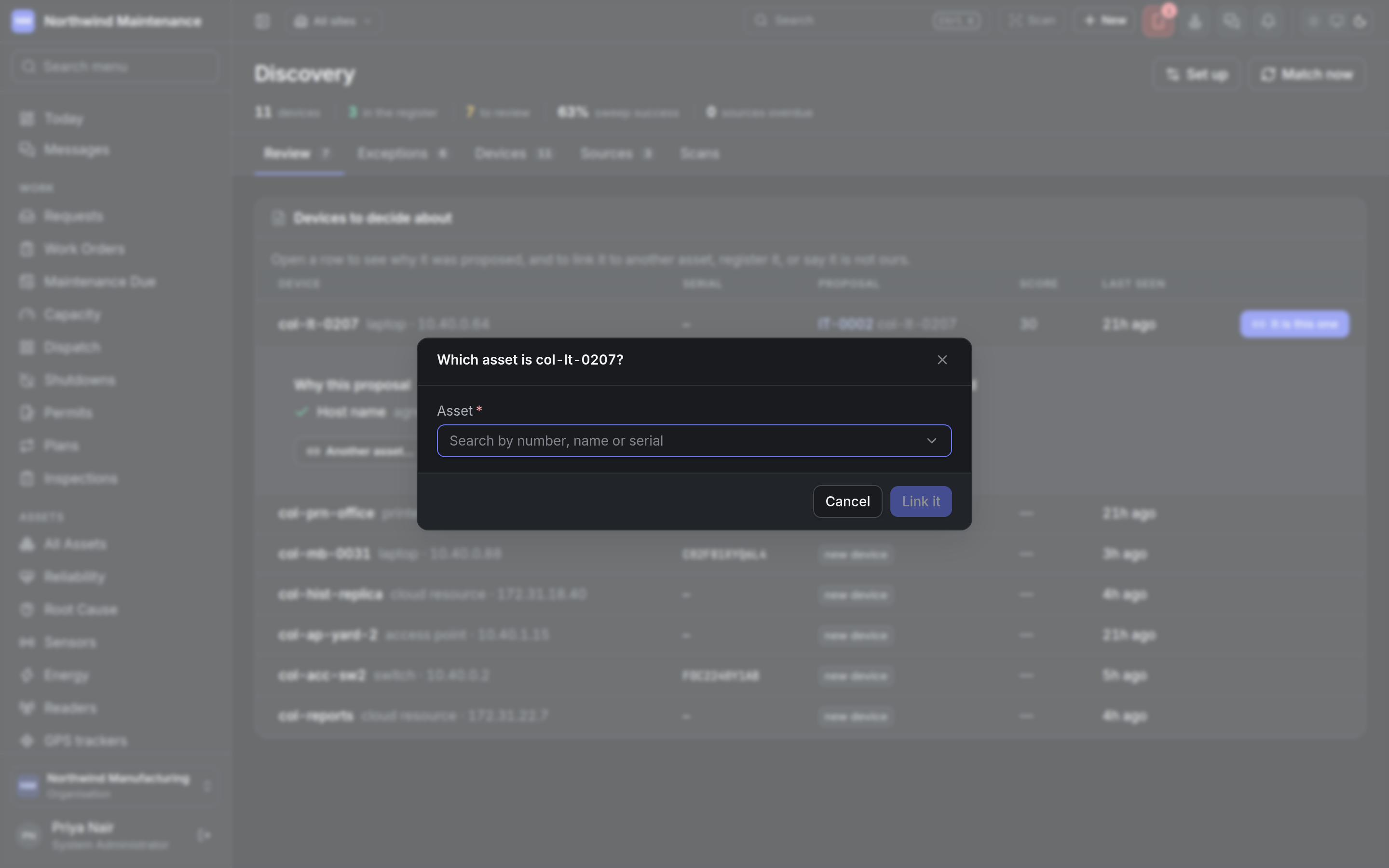 The Which asset is it dialog for linking a device to another asset
