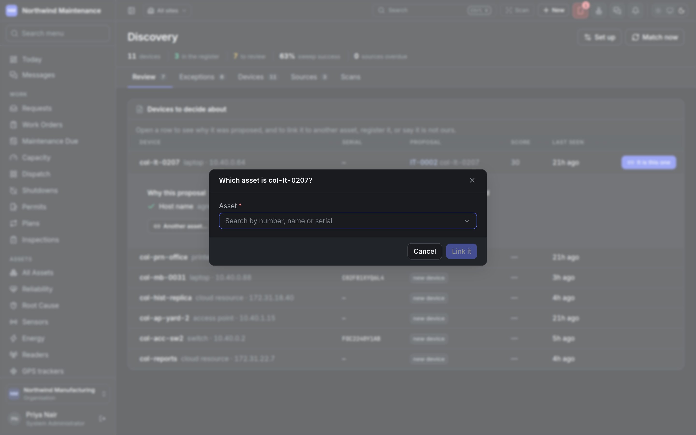 The Which asset is it dialog for linking a device to another asset