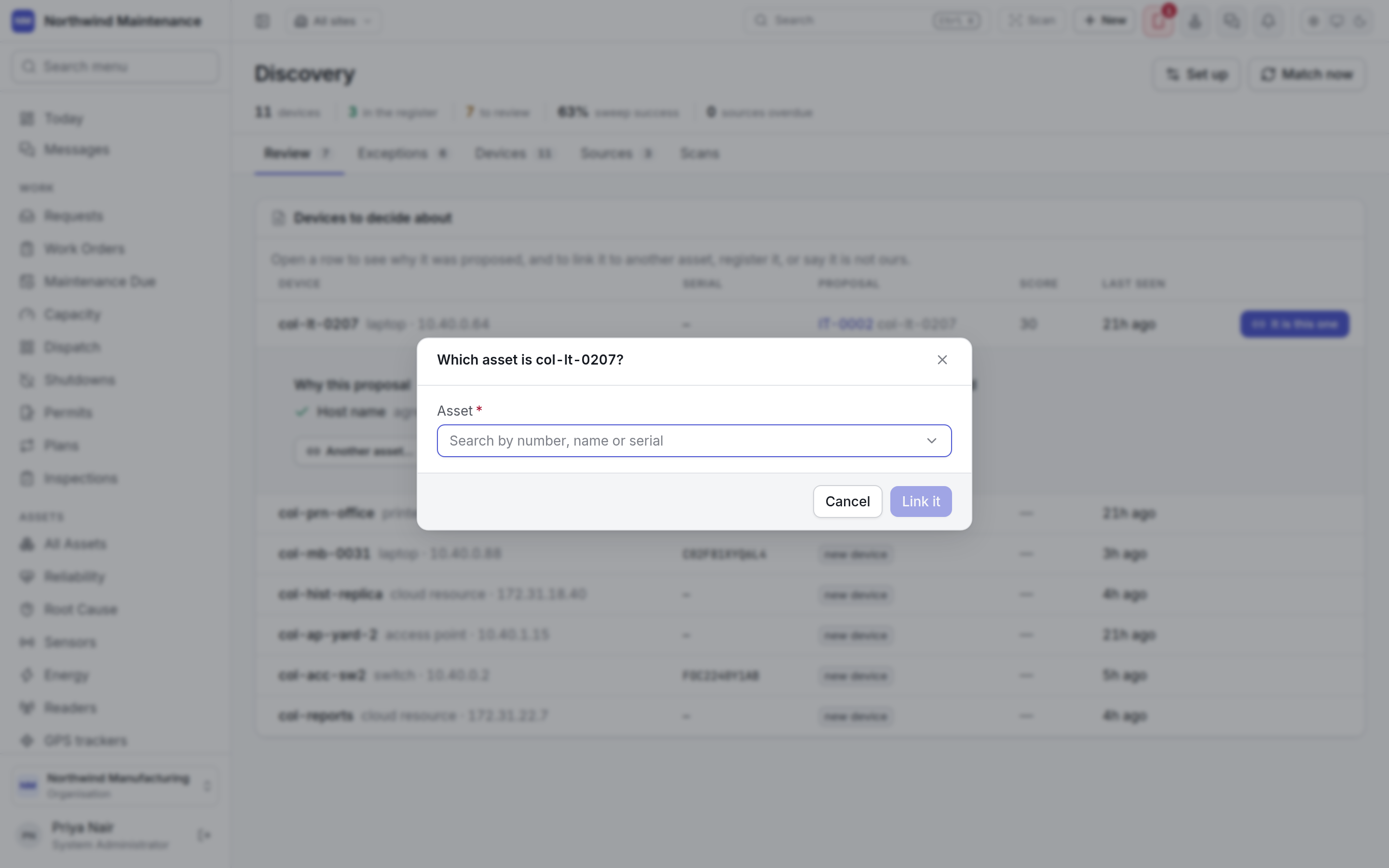The Which asset is it dialog for linking a device to another asset