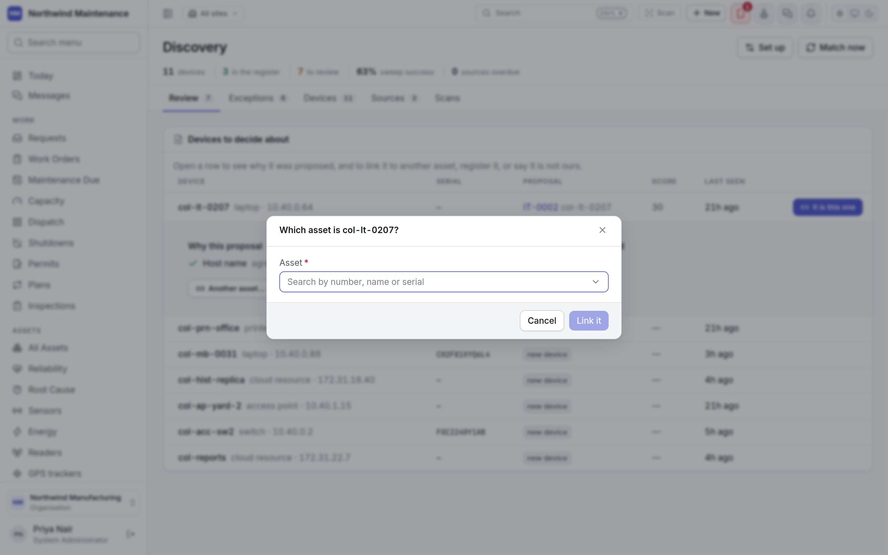 The Which asset is it dialog for linking a device to another asset