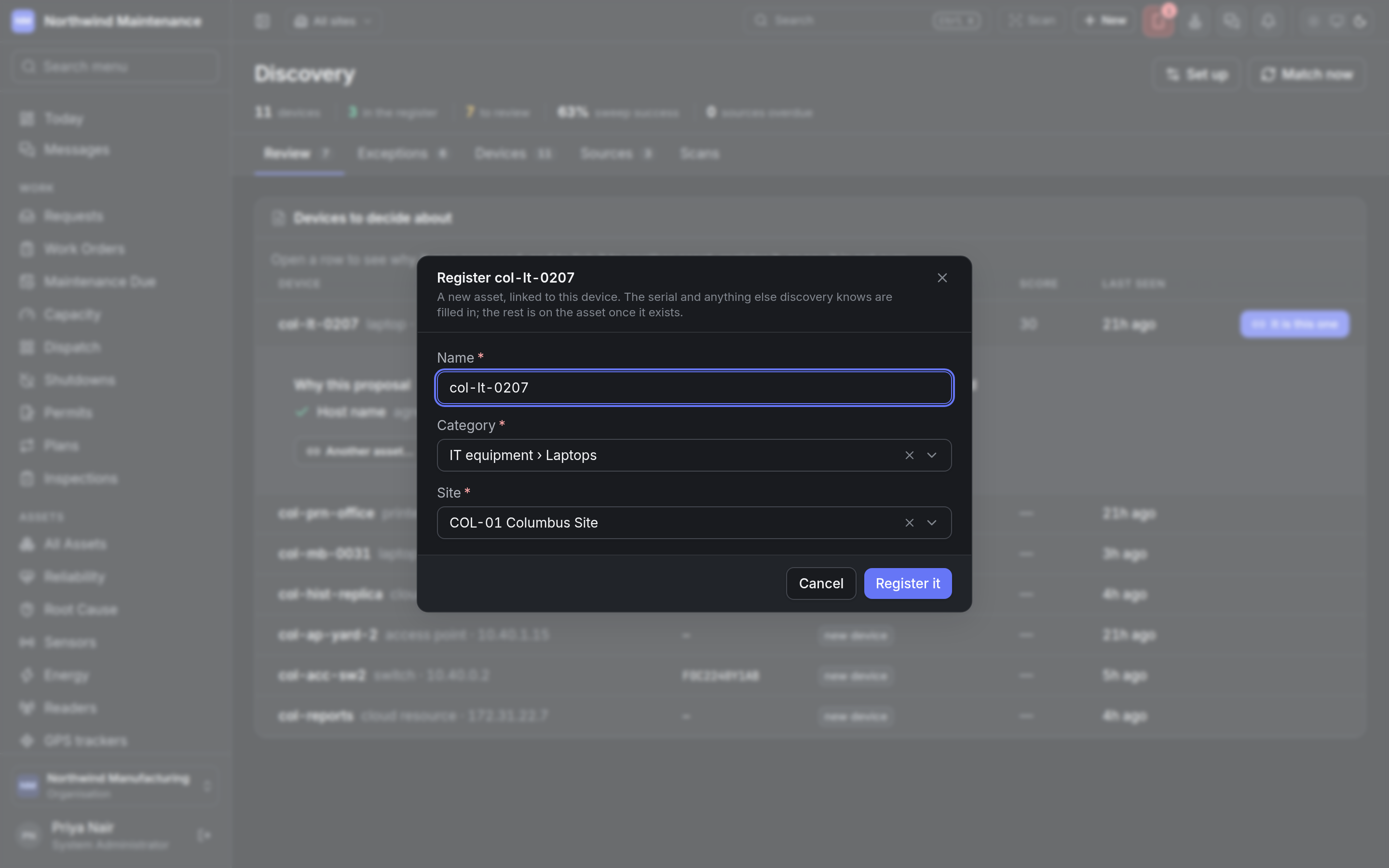 The Register dialog for a discovered laptop