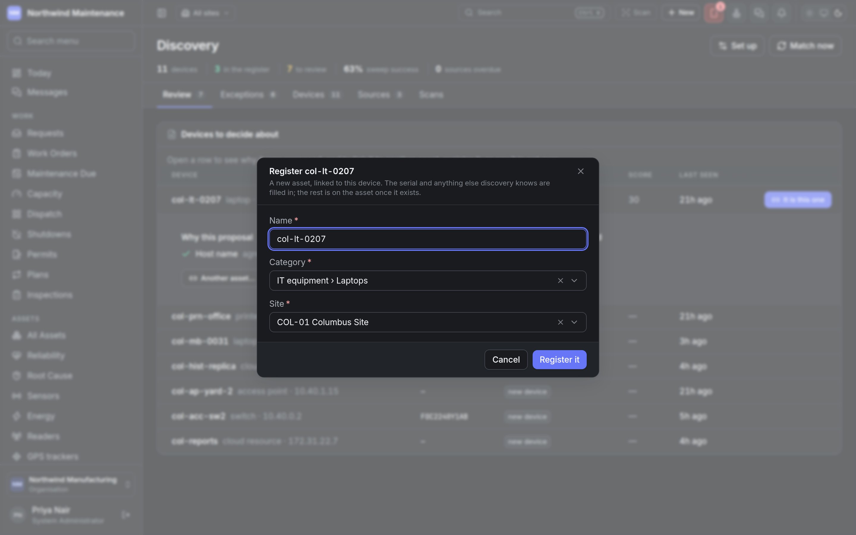 The Register dialog for a discovered laptop