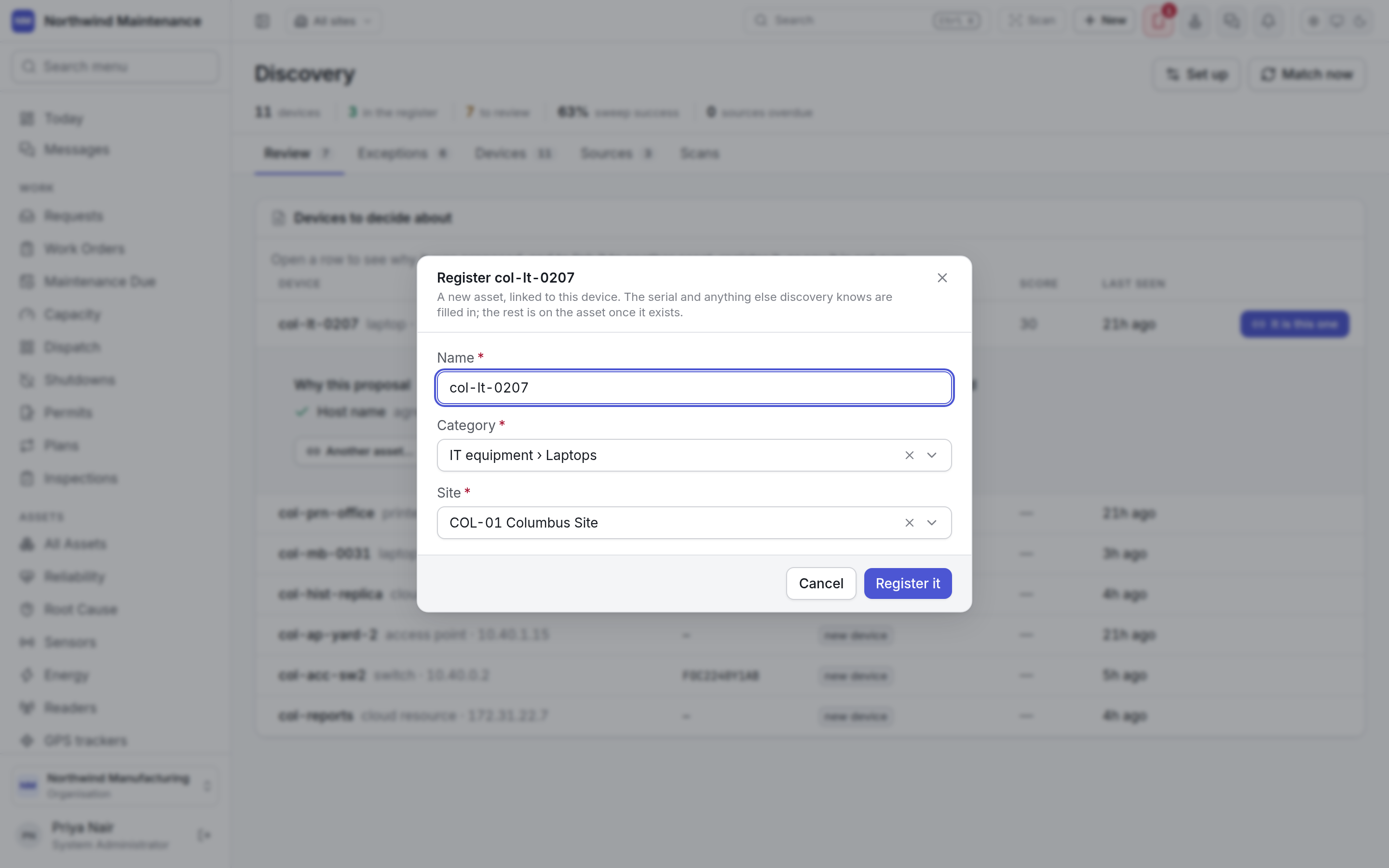 The Register dialog for a discovered laptop