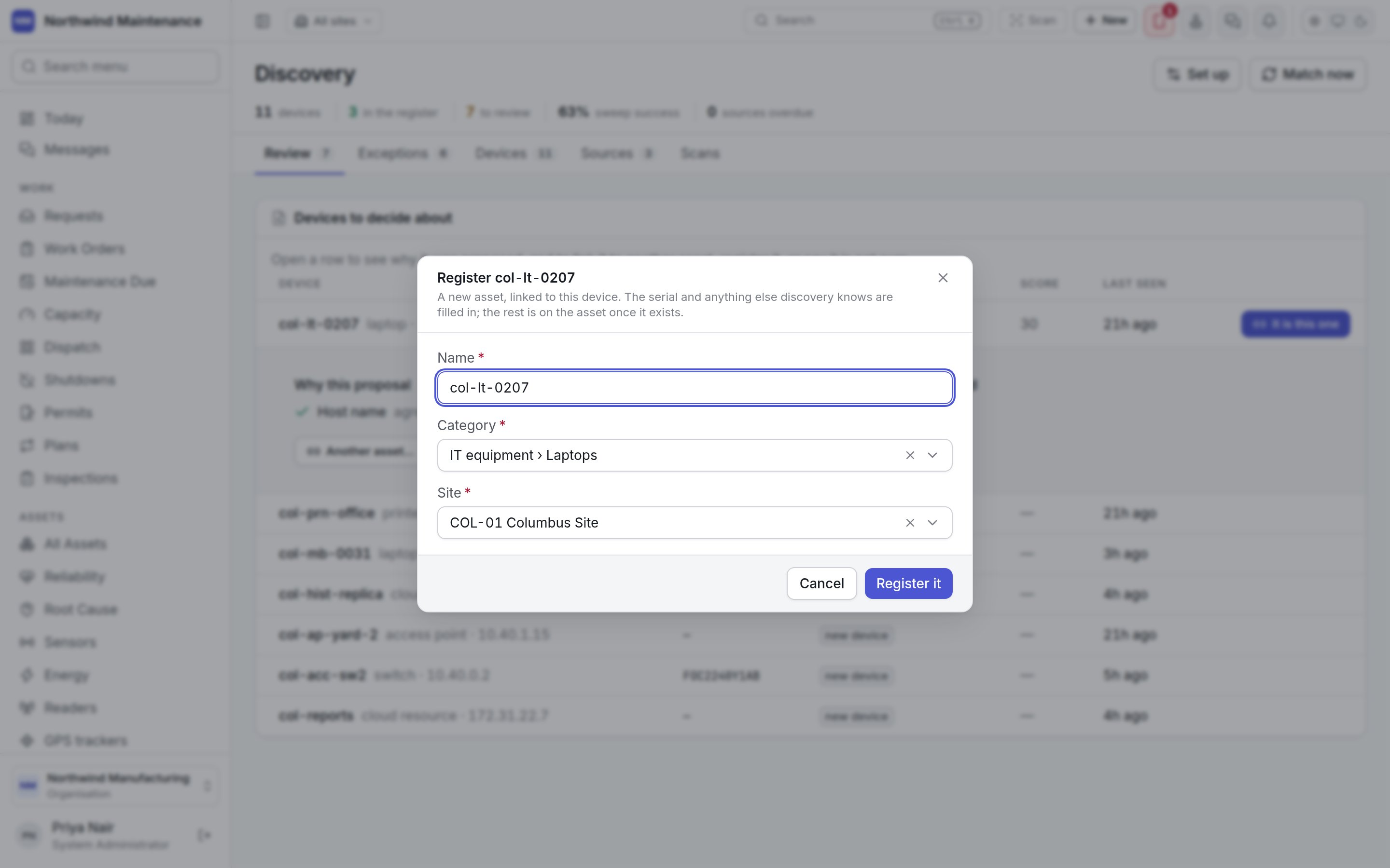 The Register dialog for a discovered laptop