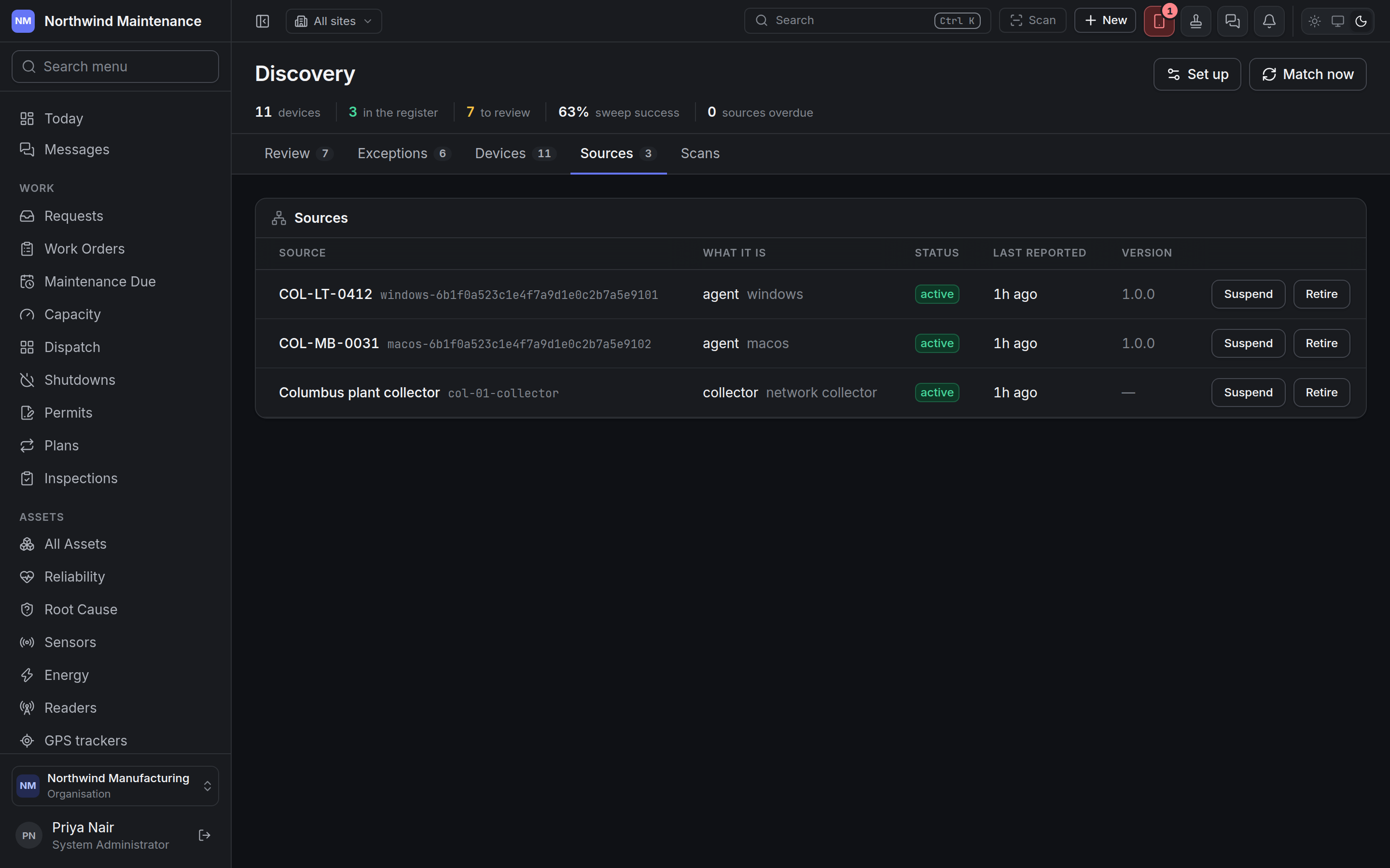 The Sources tab with two agents and a network collector