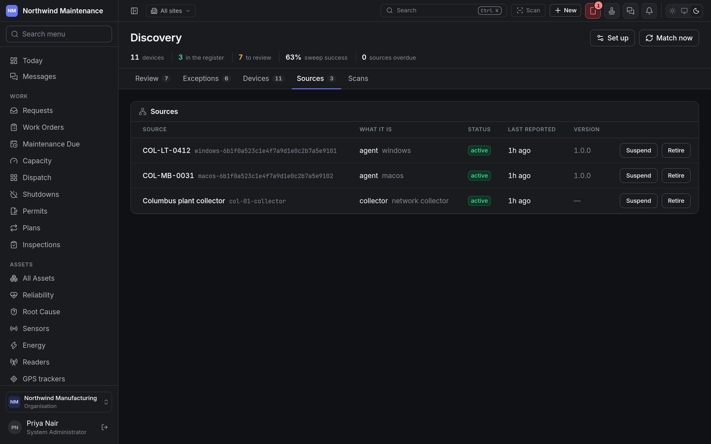 The Sources tab with two agents and a network collector