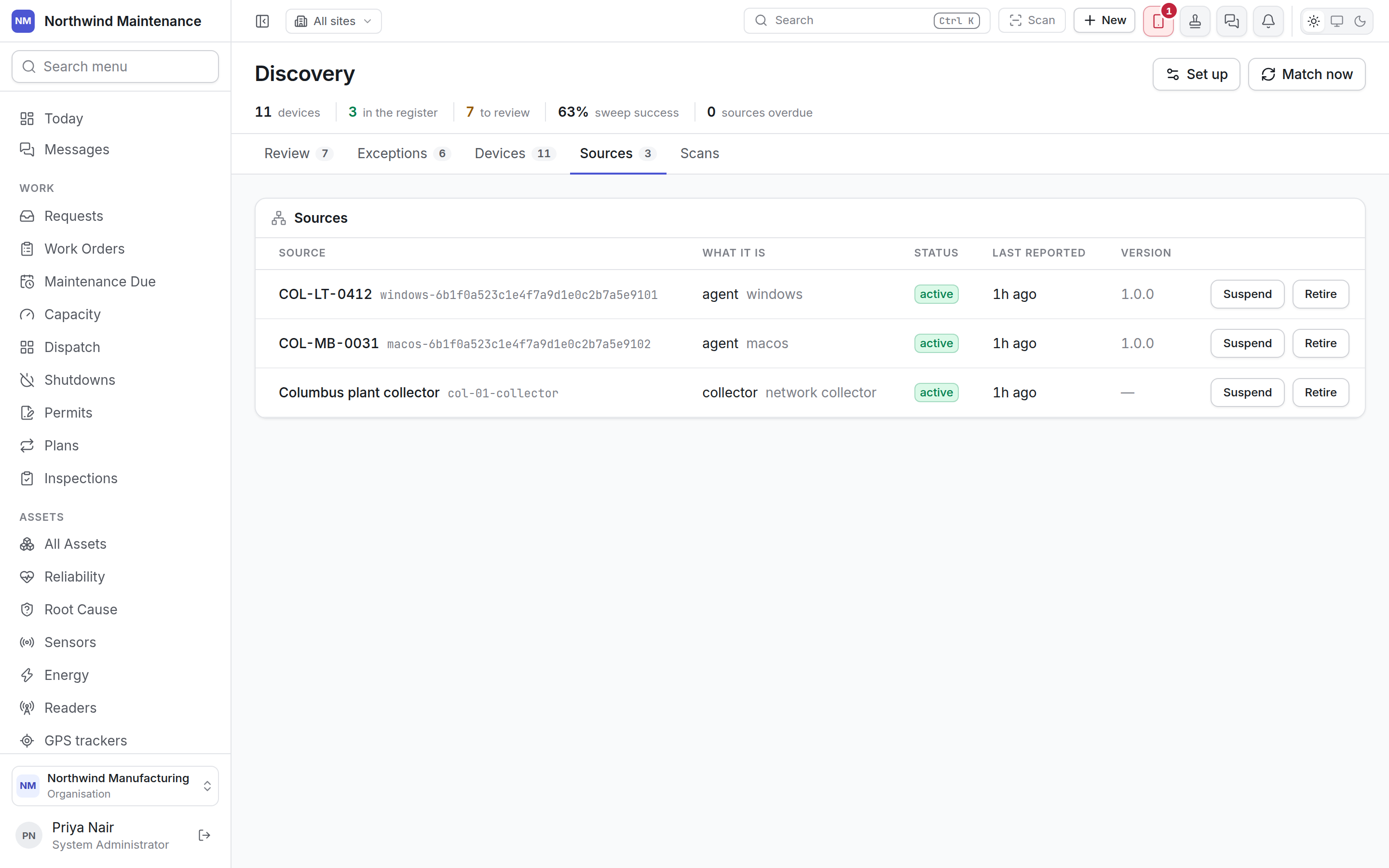 The Sources tab with two agents and a network collector