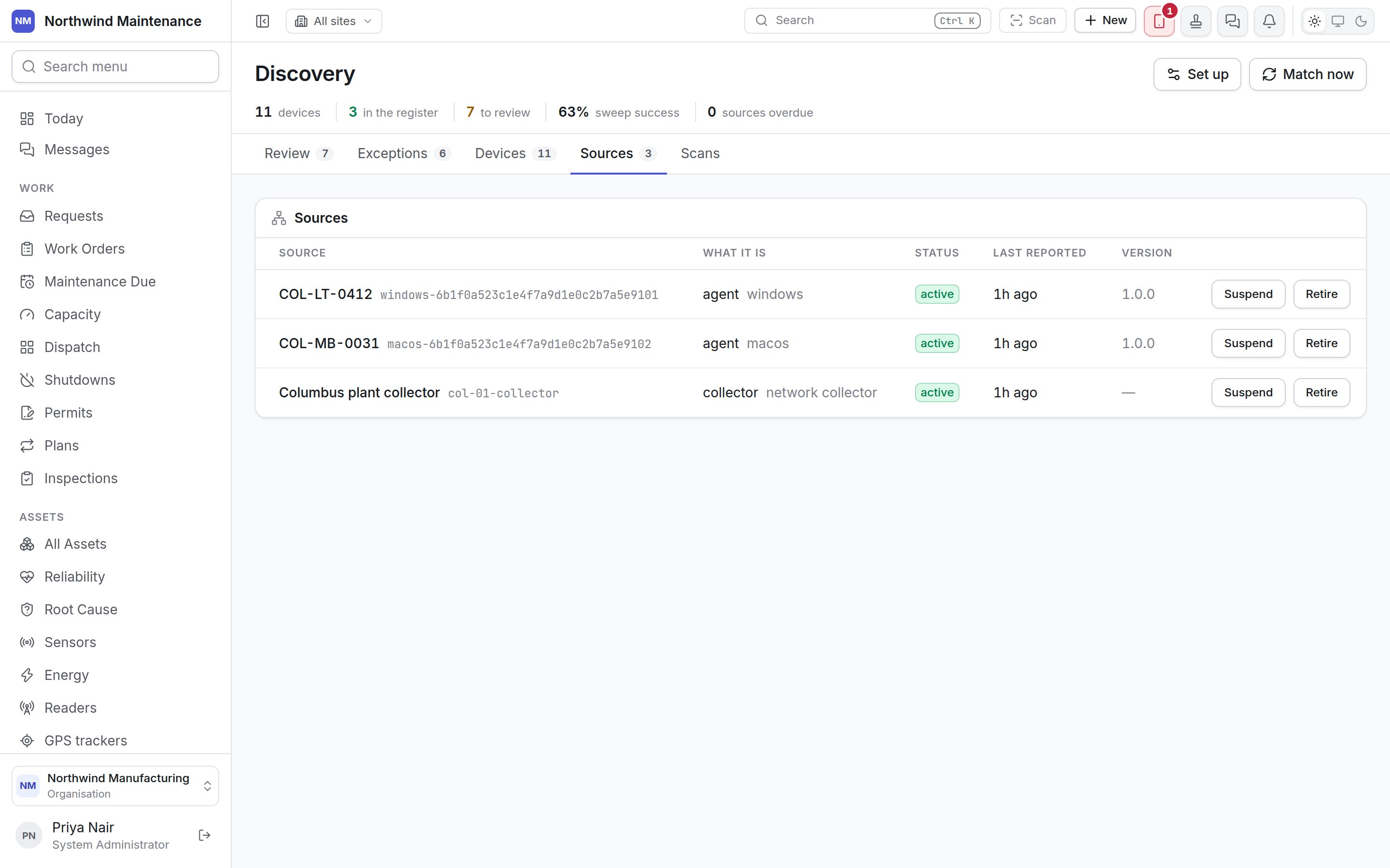The Sources tab with two agents and a network collector