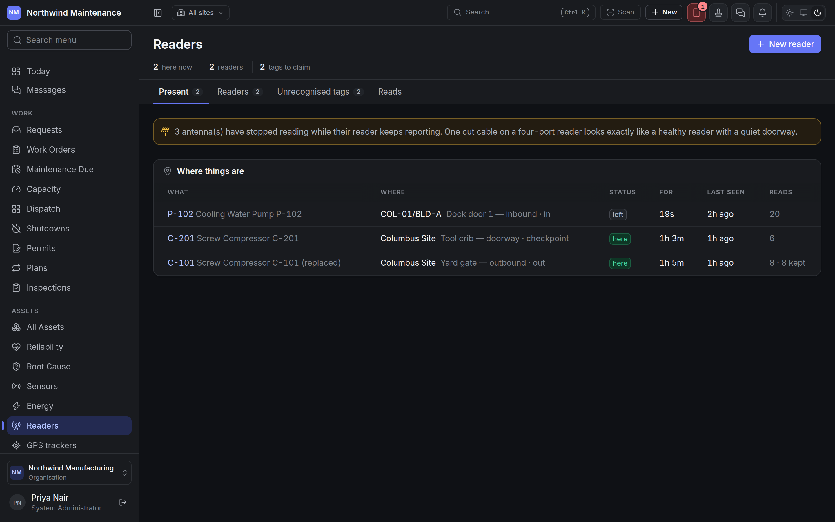 The Readers screen on its Present tab, listing where tagged assets are