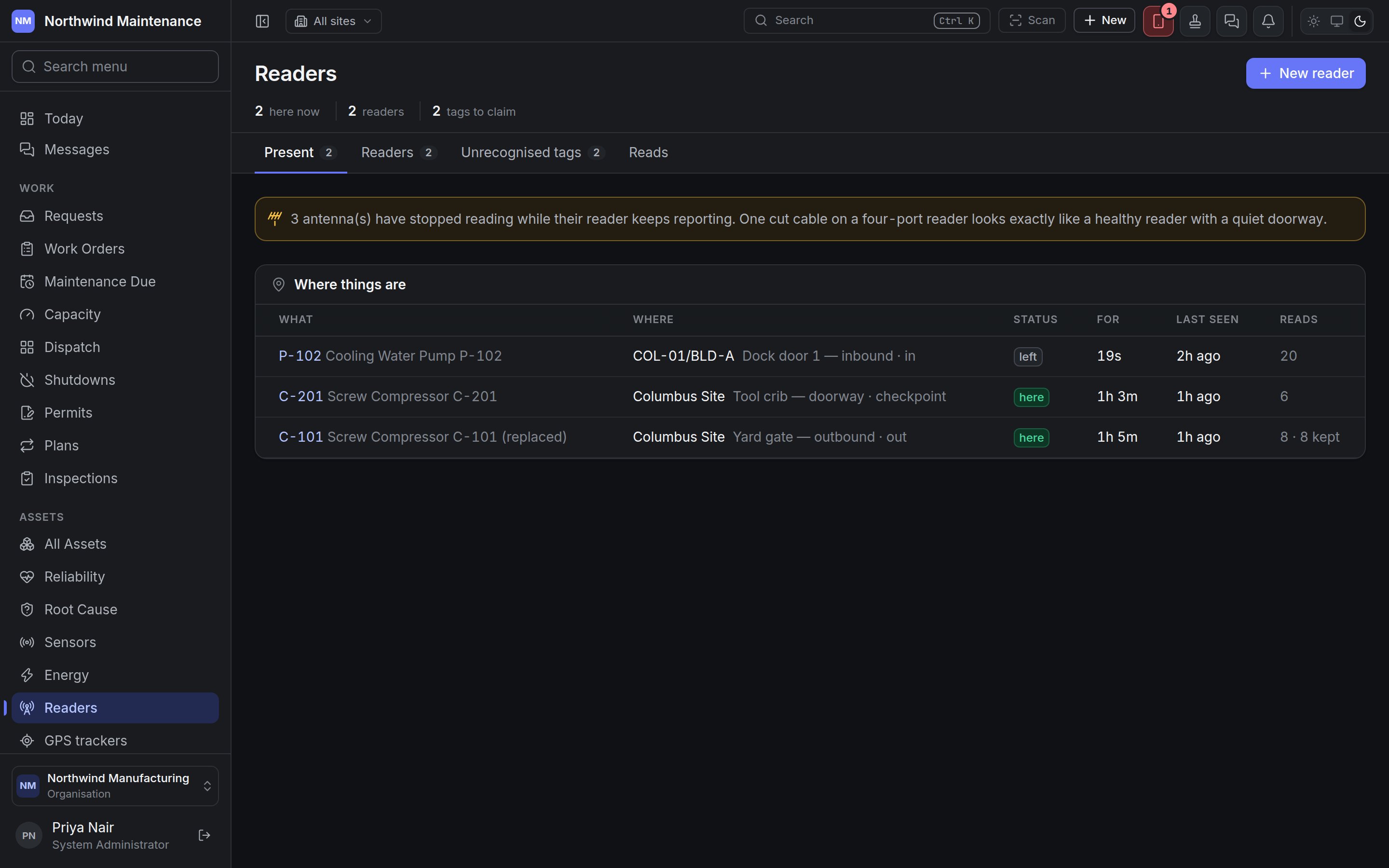 The Readers screen on its Present tab, listing where tagged assets are