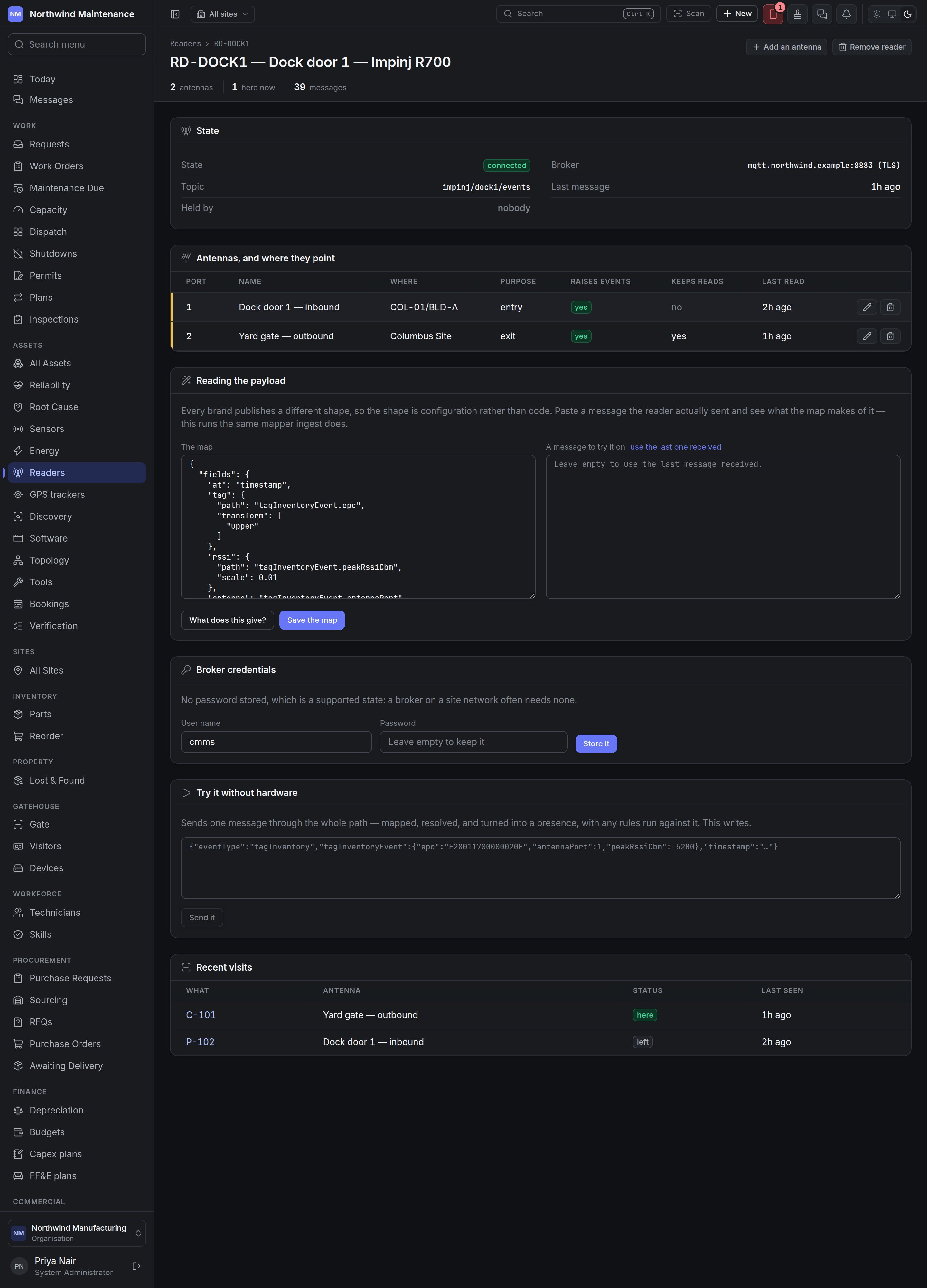 A reader subscribed over MQTT: its state, antennas, payload map, broker credentials and recent visits
